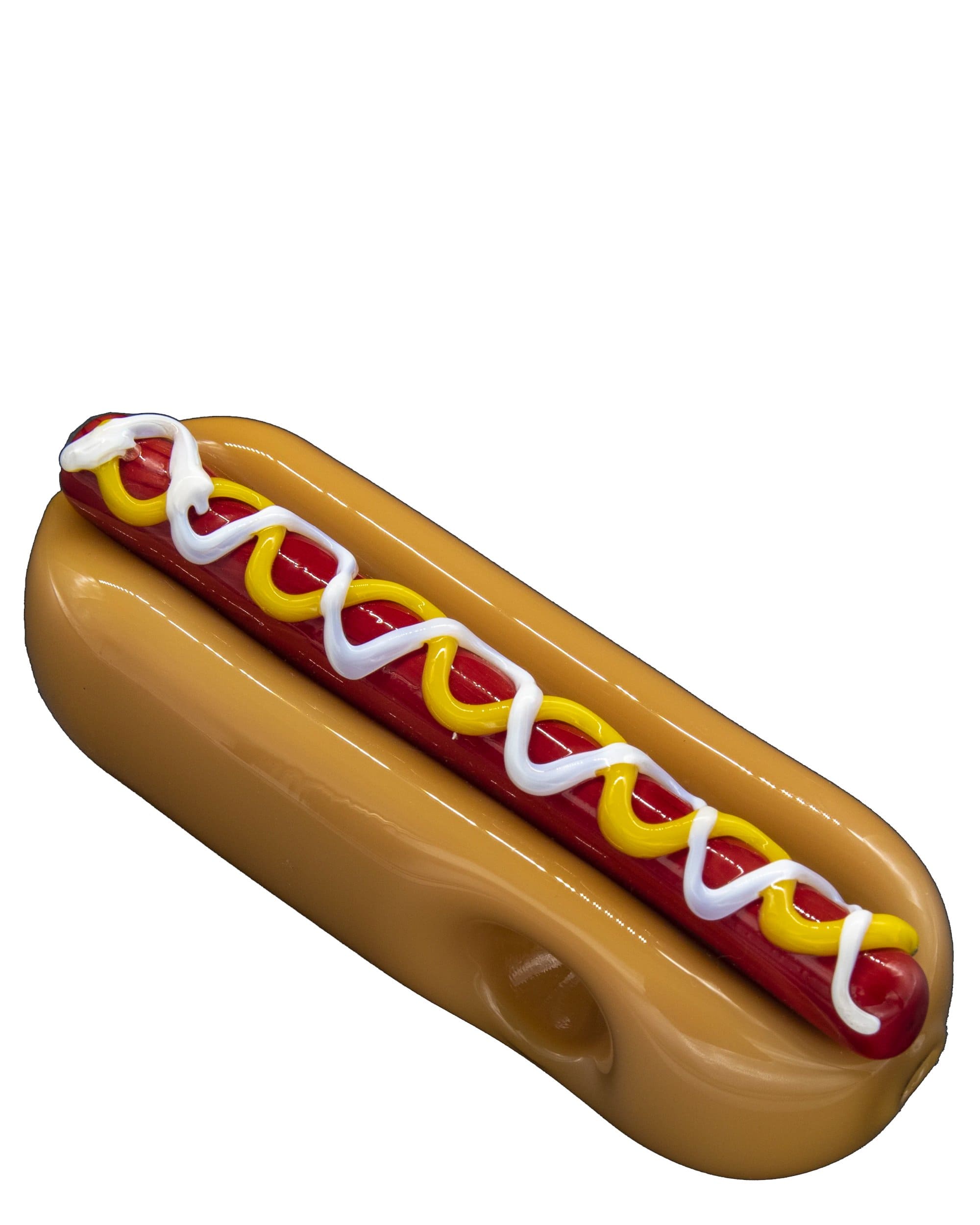 A studio shot of the Hot Dog Hand Pipe, resembling a realistic hot dog with mustard, against a plain white background. A studio shot of the Hot Dog Hand Pipe, resembling a realistic hot dog with mustard, against a plain white background.