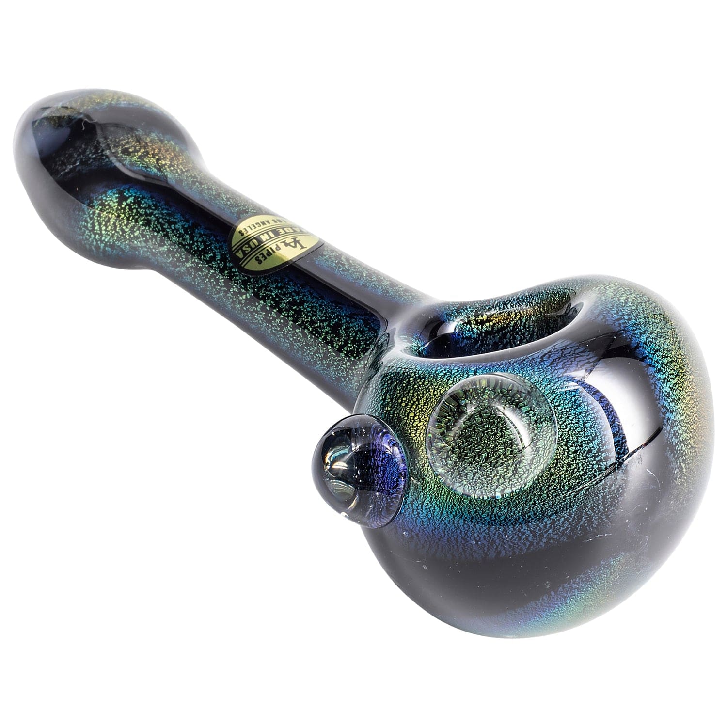 A close-up, angled view of the Galactic Storm Full Dichro Spoon Pipe, showcasing its iridescent dichroic glass finish. A close-up, angled view of the Galactic Storm Full Dichro Spoon Pipe, showcasing its iridescent dichroic glass finish.