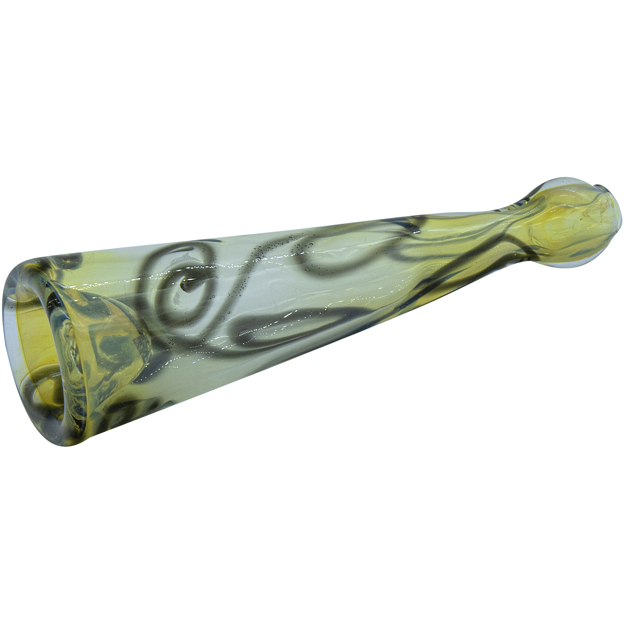 A slightly angled view of the Inside-Out Funnel Chillum herb pipe, featuring a green glass design. A slightly angled view of the Inside-Out Funnel Chillum herb pipe, featuring a green glass design.