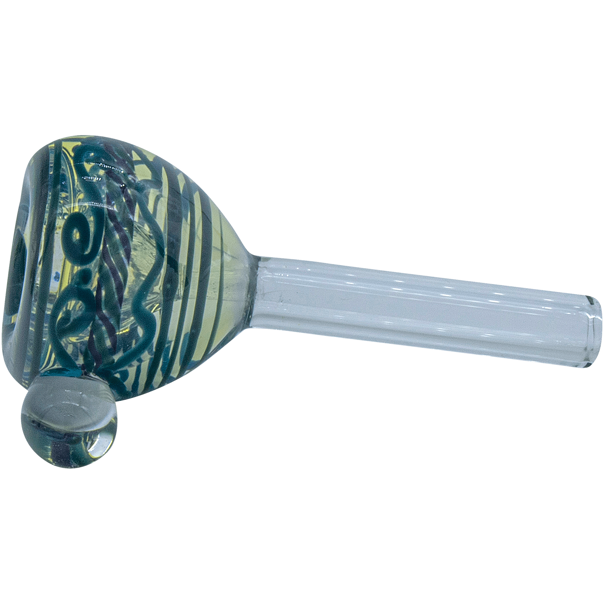 A side view of the Painted Warrior Pull-Stem Slide Bowl, showcasing its curved glass stem and colorful painted details. A side view of the Painted Warrior Pull-Stem Slide Bowl, showcasing its curved glass stem and colorful painted details.