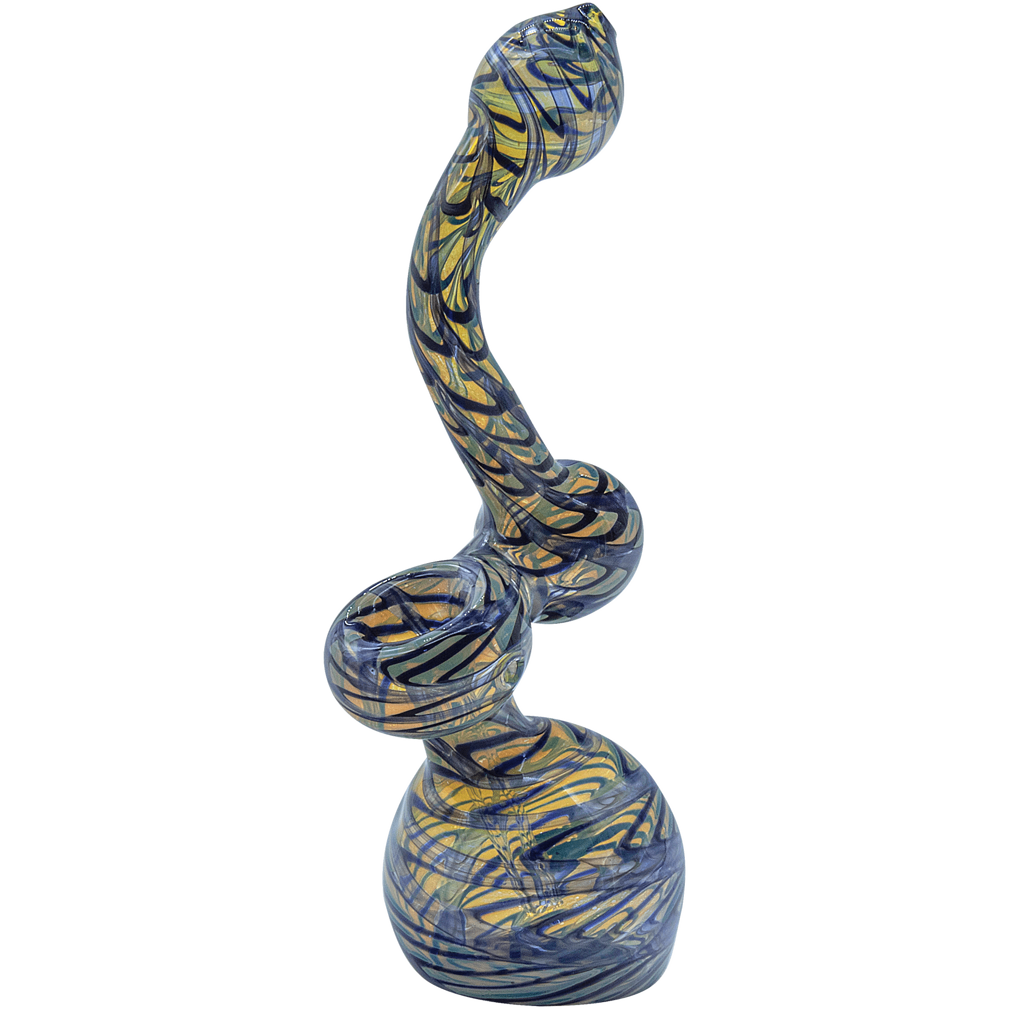 A front view of the Raked Fumed Sherlock Bubbler Pipe with a swirling, colorful glass pattern. A front view of the Raked Fumed Sherlock Bubbler Pipe with a swirling, colorful glass pattern.