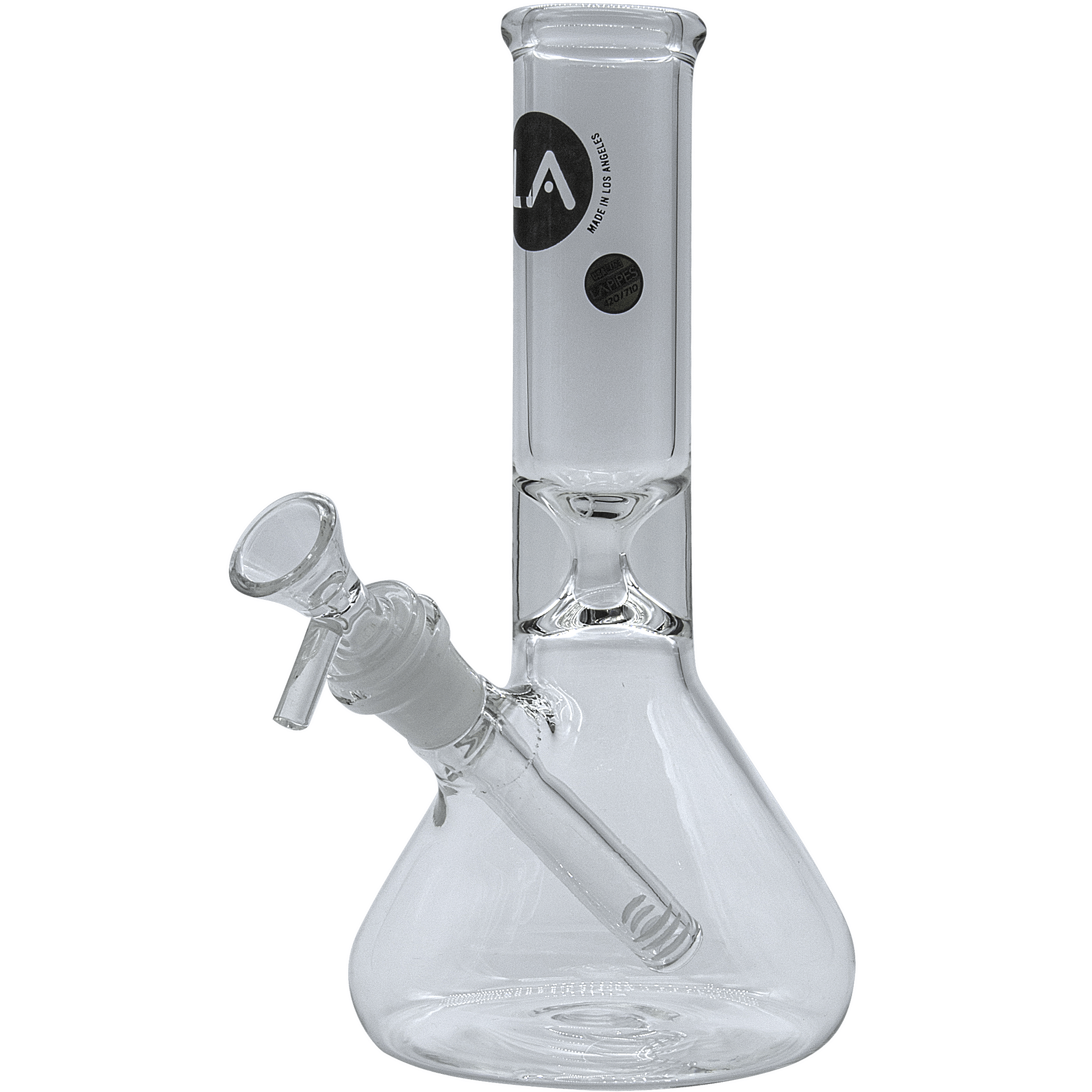 Front view of the “Shortstop” Beaker Bong, a clear glass piece with a wide base and cylindrical shape. Front view of the “Shortstop” Beaker Bong, a clear glass piece with a wide base and cylindrical shape.