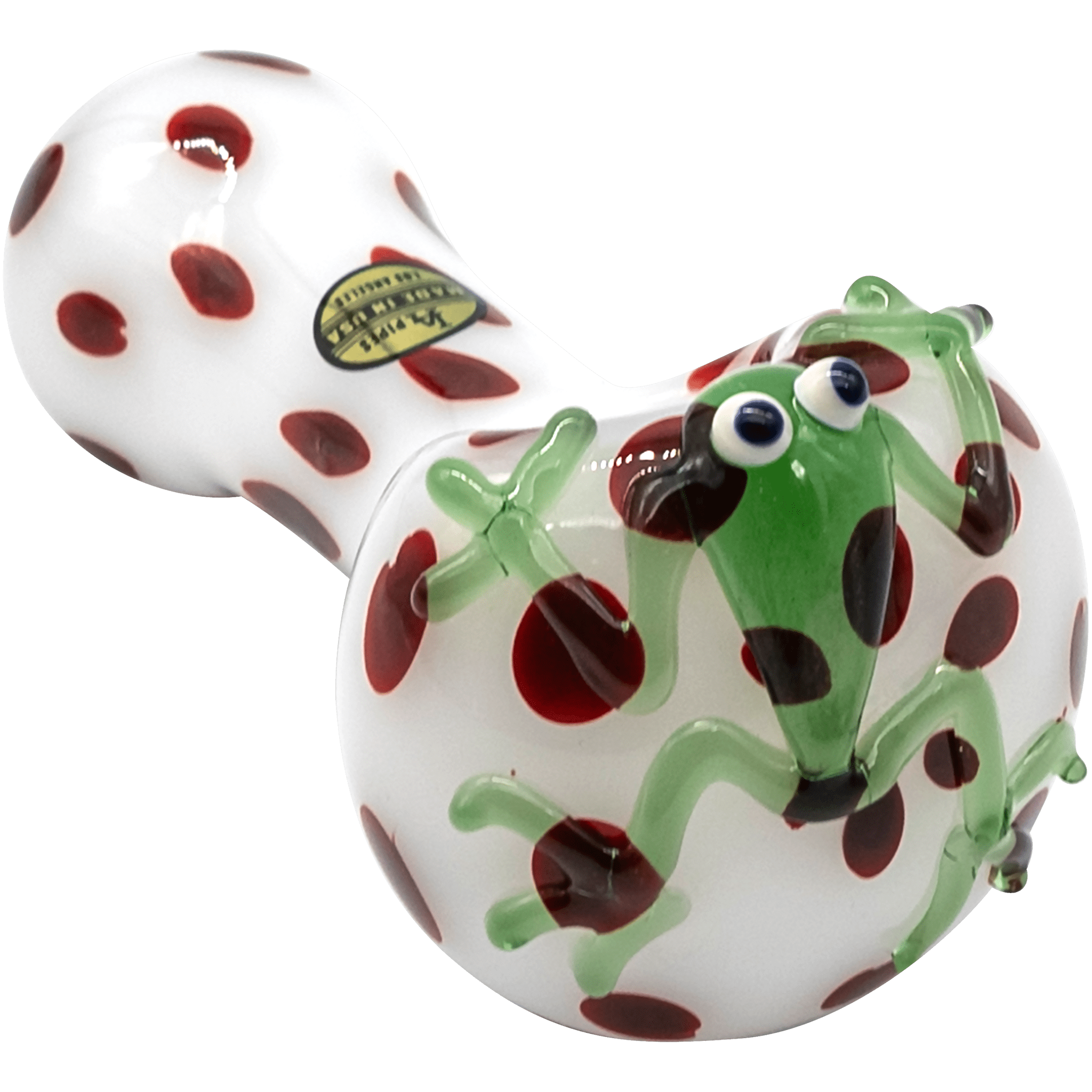 Front view of the “Spotted Poison Frog” Spoon Glass Pipe, showcasing a colorful, patterned design resembling amphibian skin. Front view of the “Spotted Poison Frog” Spoon Glass Pipe, showcasing a colorful, patterned design resembling amphibian skin.