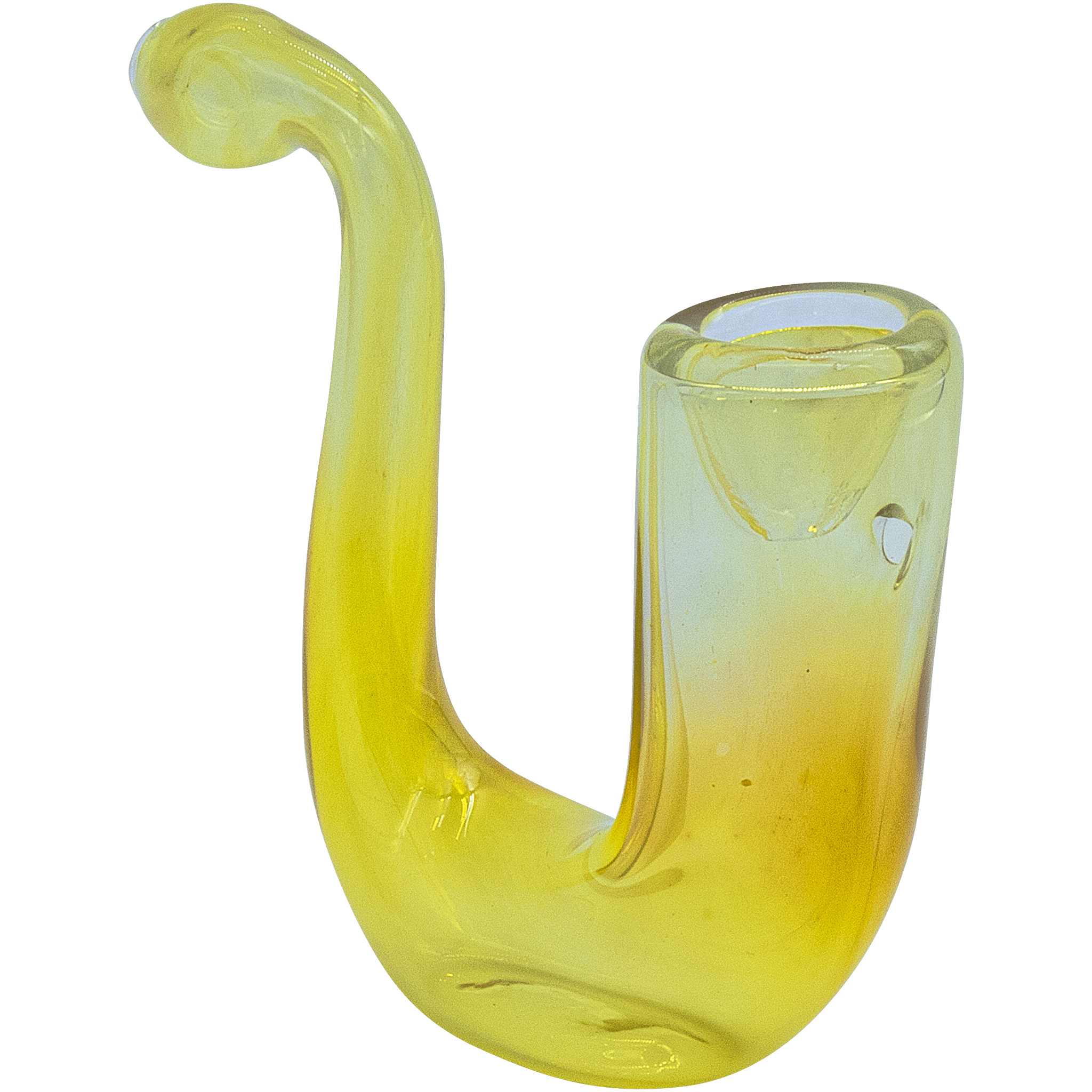 A slightly angled view of “The Calabash” Fumed Glass Sherlock pipe, showcasing its curved form and translucent glass. A slightly angled view of “The Calabash” Fumed Glass Sherlock pipe, showcasing its curved form and translucent glass.