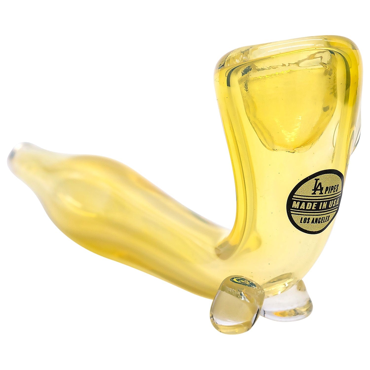 A three-quarter view of “The Dublin” Sitting Fumed Sherlock pipe, showing its curved design and subtle fume detailing in clear glass. A three-quarter view of “The Dublin” Sitting Fumed Sherlock pipe, showing its curved design and subtle fume detailing in clear glass.