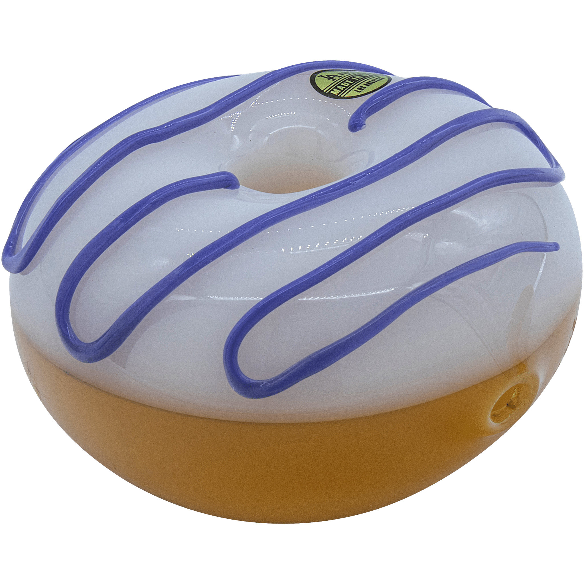 Front view of the “Frosted Donut” Glass Pipe, showcasing its colorful, swirled glass design against a plain white backdrop. Front view of the “Frosted Donut” Glass Pipe, showcasing its colorful, swirled glass design against a plain white backdrop.