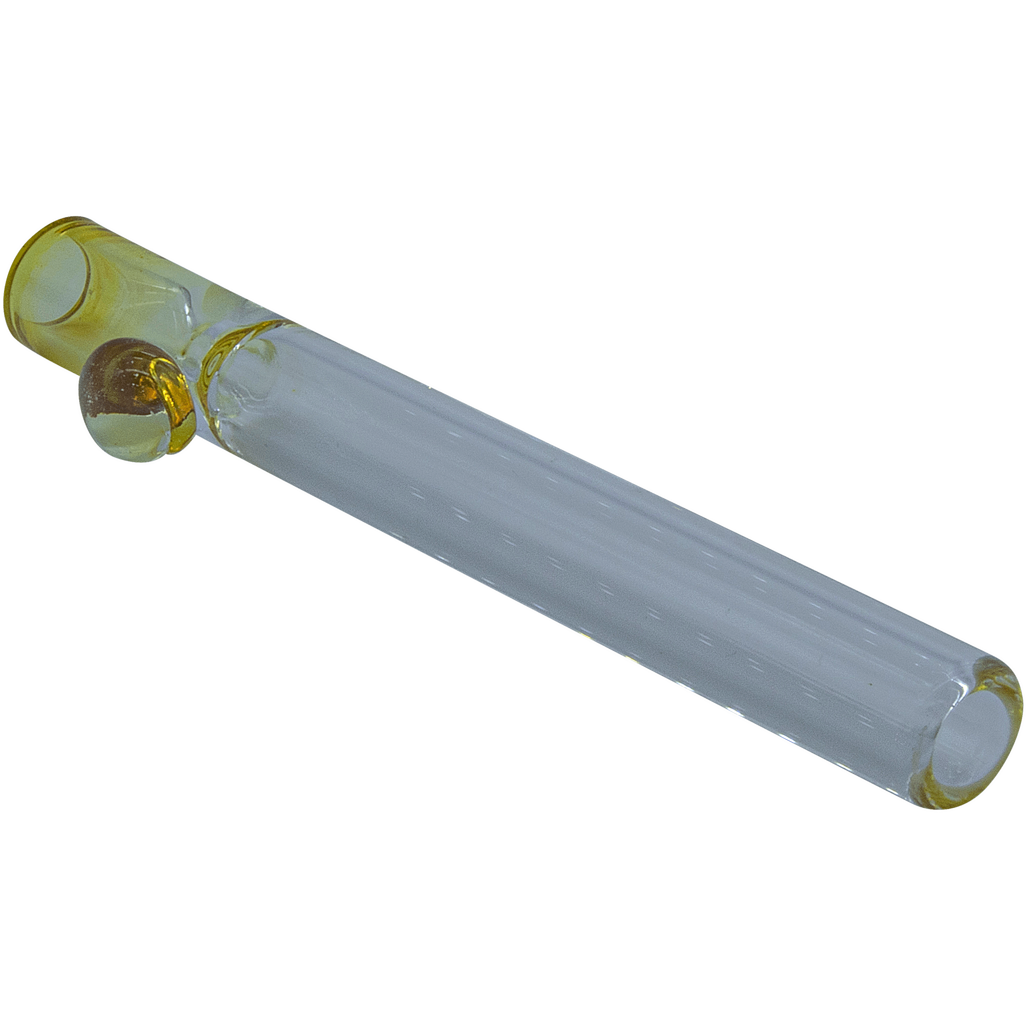 A side view of “The One Hitter Never Quitter” Glass One-Hitter, showing the clear glass pipe angled against a plain white background. A side view of “The One Hitter Never Quitter” Glass One-Hitter, showing the clear glass pipe angled against a plain white background.