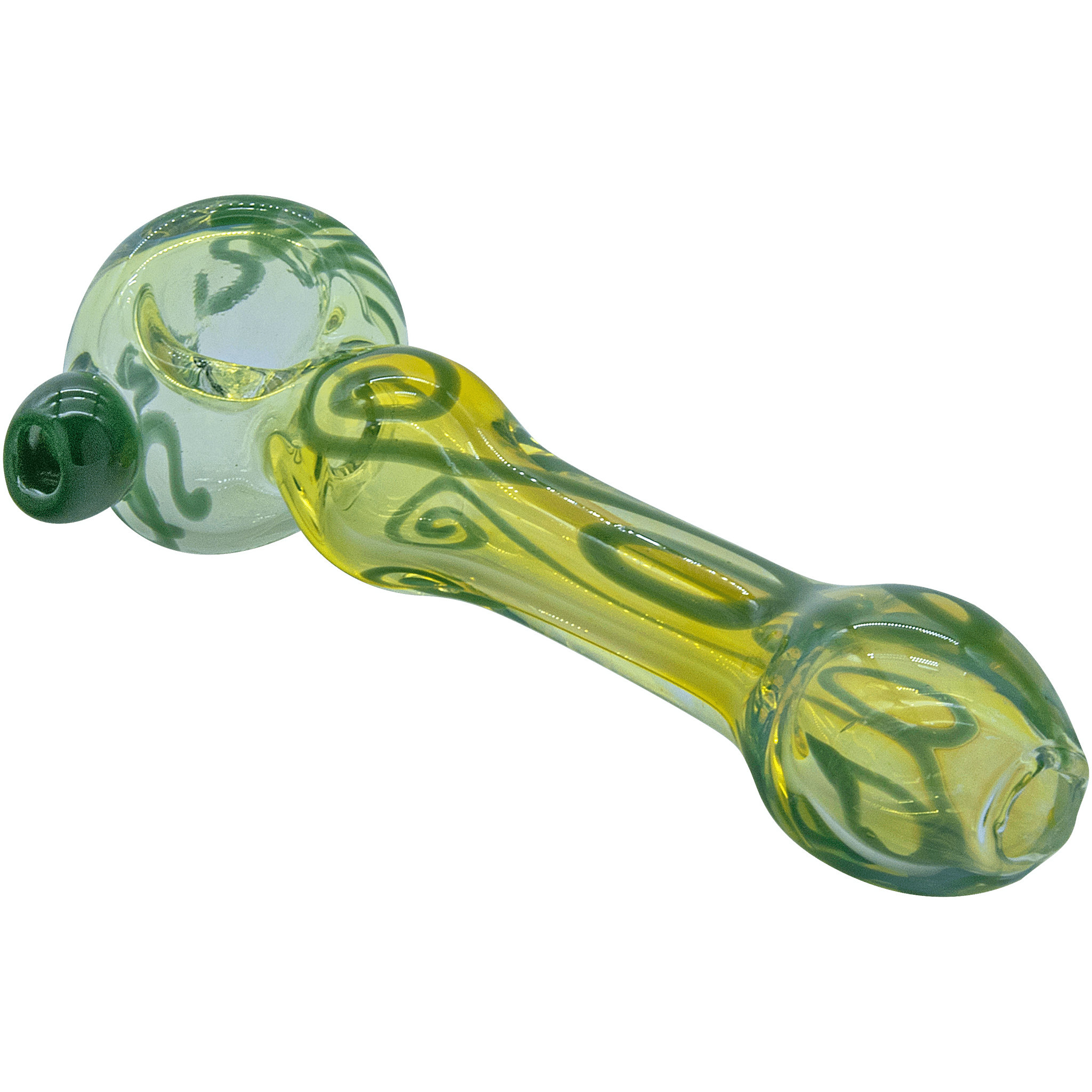 A side view of The "Painted Warrior Spoon" Glass Pipe, showcasing its green-tinted glass and curved design. A side view of The "Painted Warrior Spoon" Glass Pipe, showcasing its green-tinted glass and curved design.