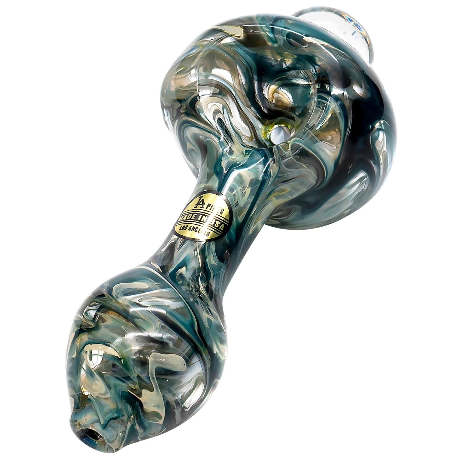 A detailed close-up of “The Primordial Ooze” Glass Spoon Pipe, showcasing swirling green and blue glass patterns. A detailed close-up of “The Primordial Ooze” Glass Spoon Pipe, showcasing swirling green and blue glass patterns.