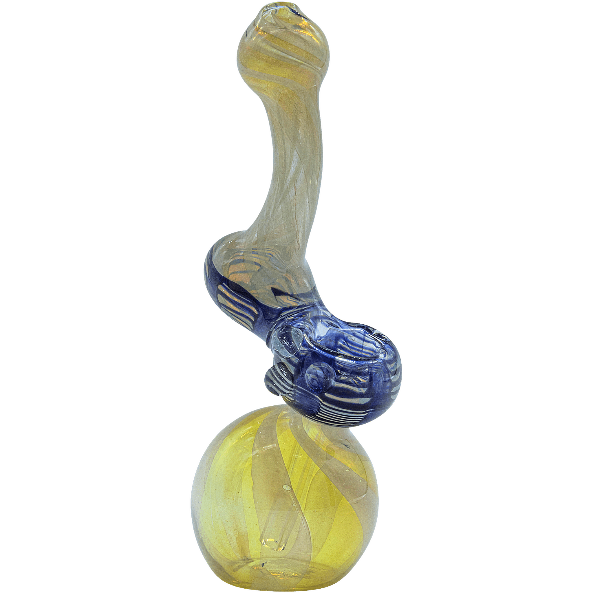 A front view of the “Rake Bubb” Fumed Sherlock Bubbler Pipe, showcasing its curved form and subtle fume detailing. A front view of the “Rake Bubb” Fumed Sherlock Bubbler Pipe, showcasing its curved form and subtle fume detailing.