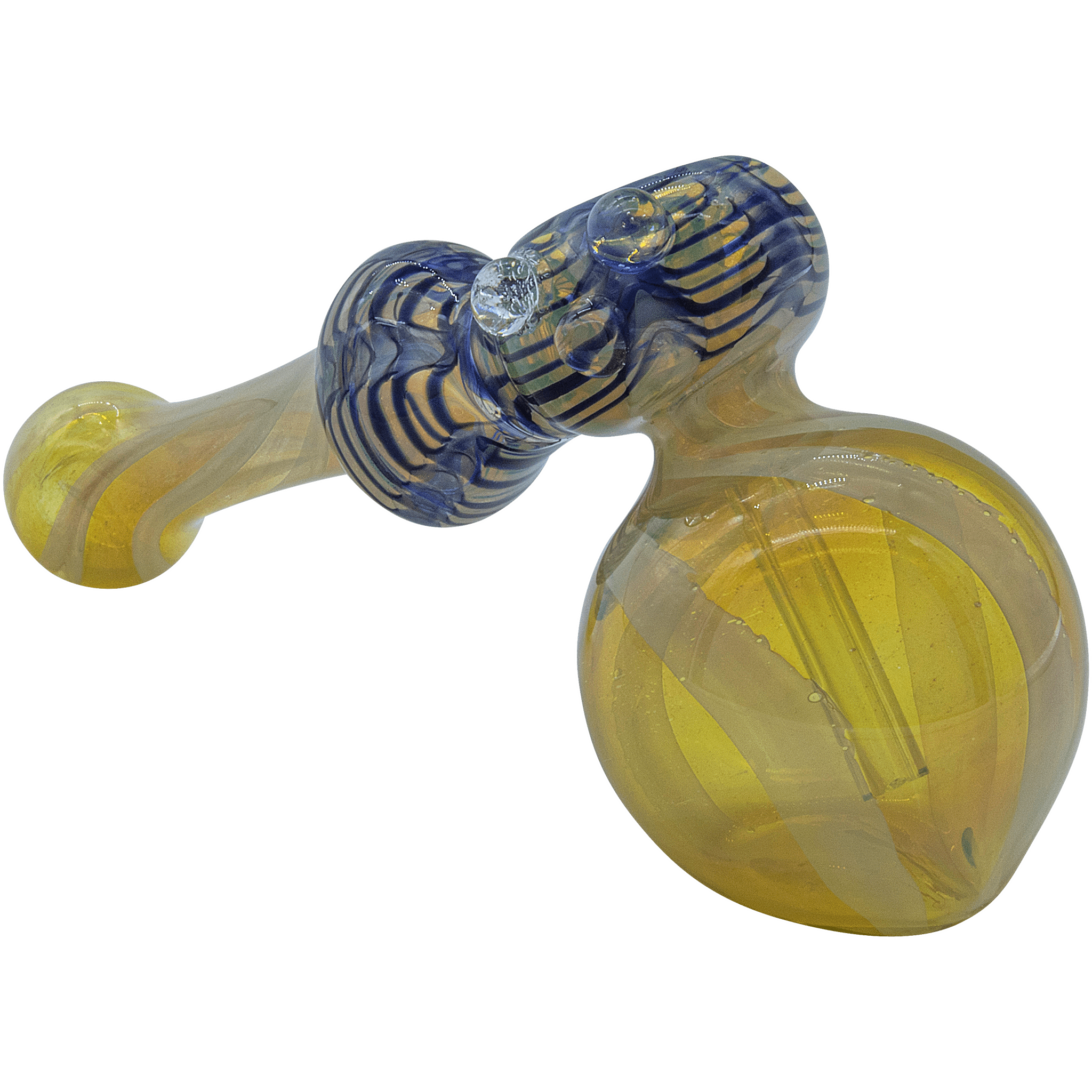 A three-quarter view of “The Raked Hammer” Fumed Hammer Bubbler Pipe, showing its blue and clear glass construction. A three-quarter view of “The Raked Hammer” Fumed Hammer Bubbler Pipe, showing its blue and clear glass construction.