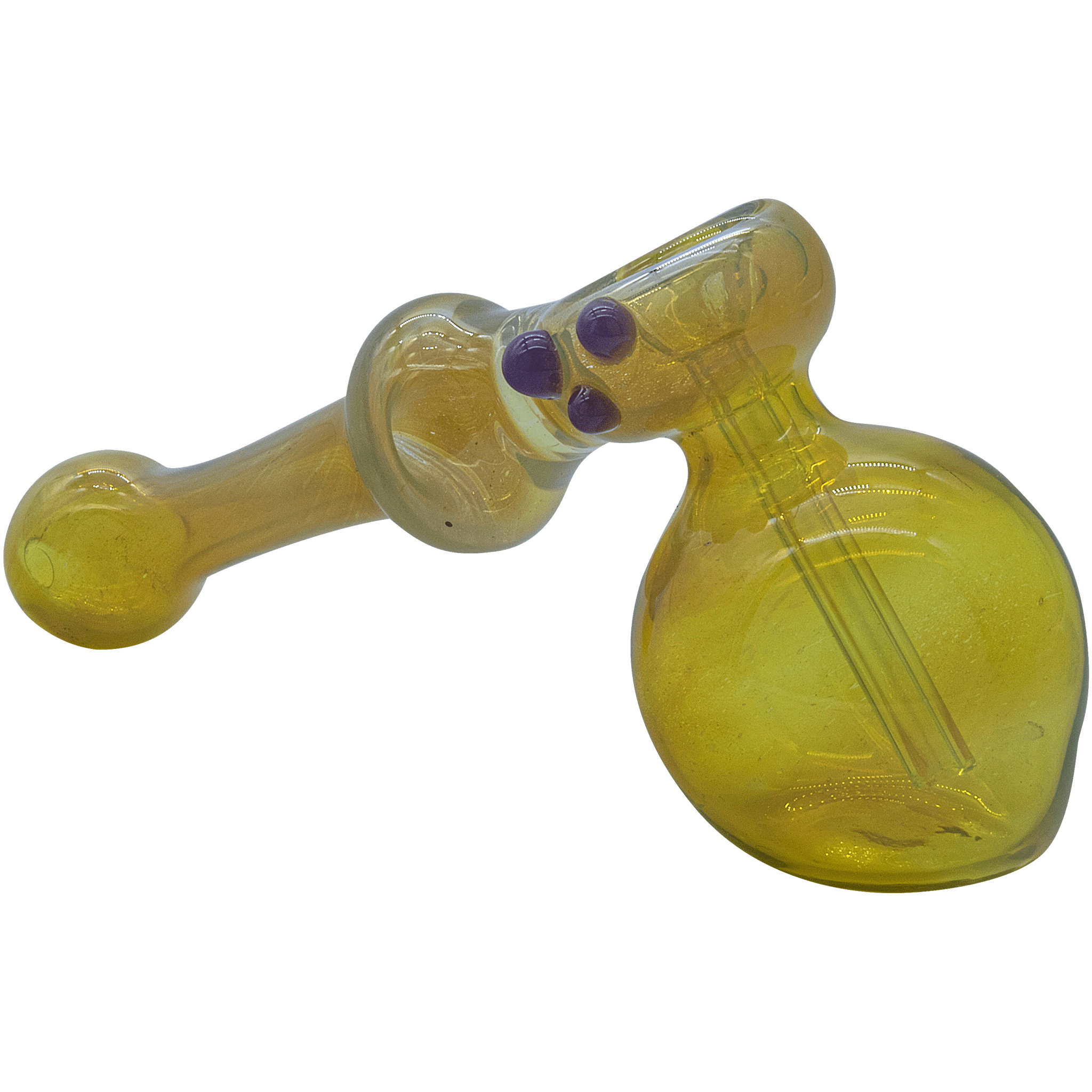A side view of “The Silver Hammer” Fumed Hammer Bubbler Pipe, showcasing its smooth glass curves and iridescent fume details. A side view of “The Silver Hammer” Fumed Hammer Bubbler Pipe, showcasing its smooth glass curves and iridescent fume details.