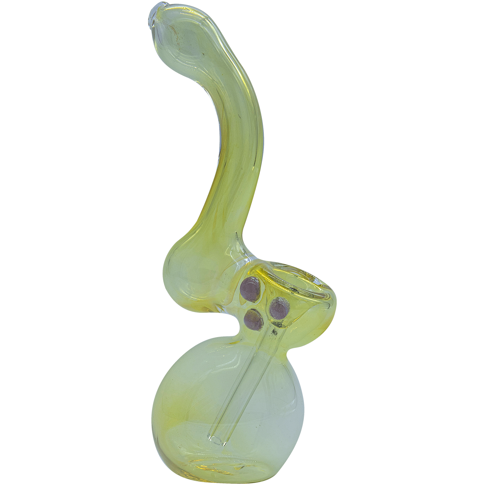 A three-quarter view of the “Silver Sherlock” Fumed Sherlock Bubbler Pipe, displaying its curved form and translucent glass. A three-quarter view of the “Silver Sherlock” Fumed Sherlock Bubbler Pipe, displaying its curved form and translucent glass.