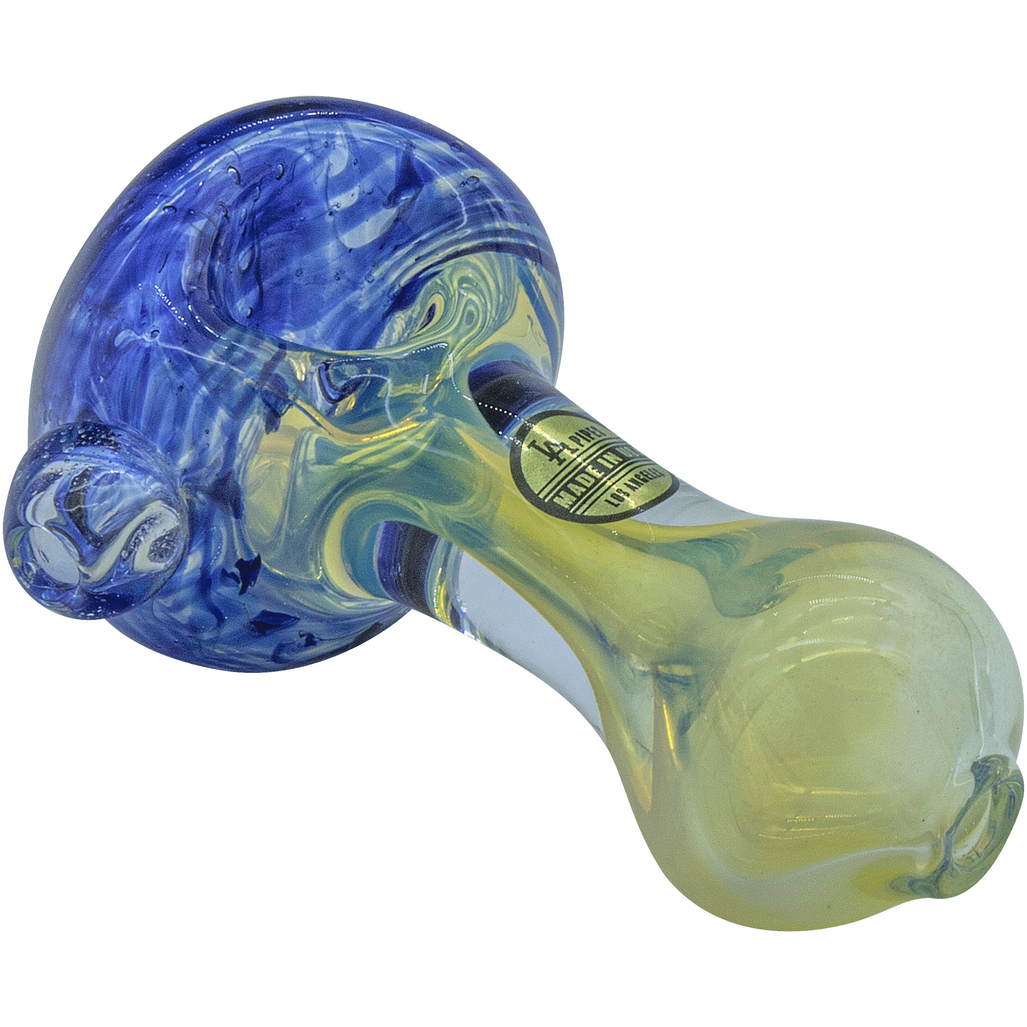 A side view of the Thick Neck Spoon Pipe, showcasing its blue and white marbled glass design. A side view of the Thick Neck Spoon Pipe, showcasing its blue and white marbled glass design.