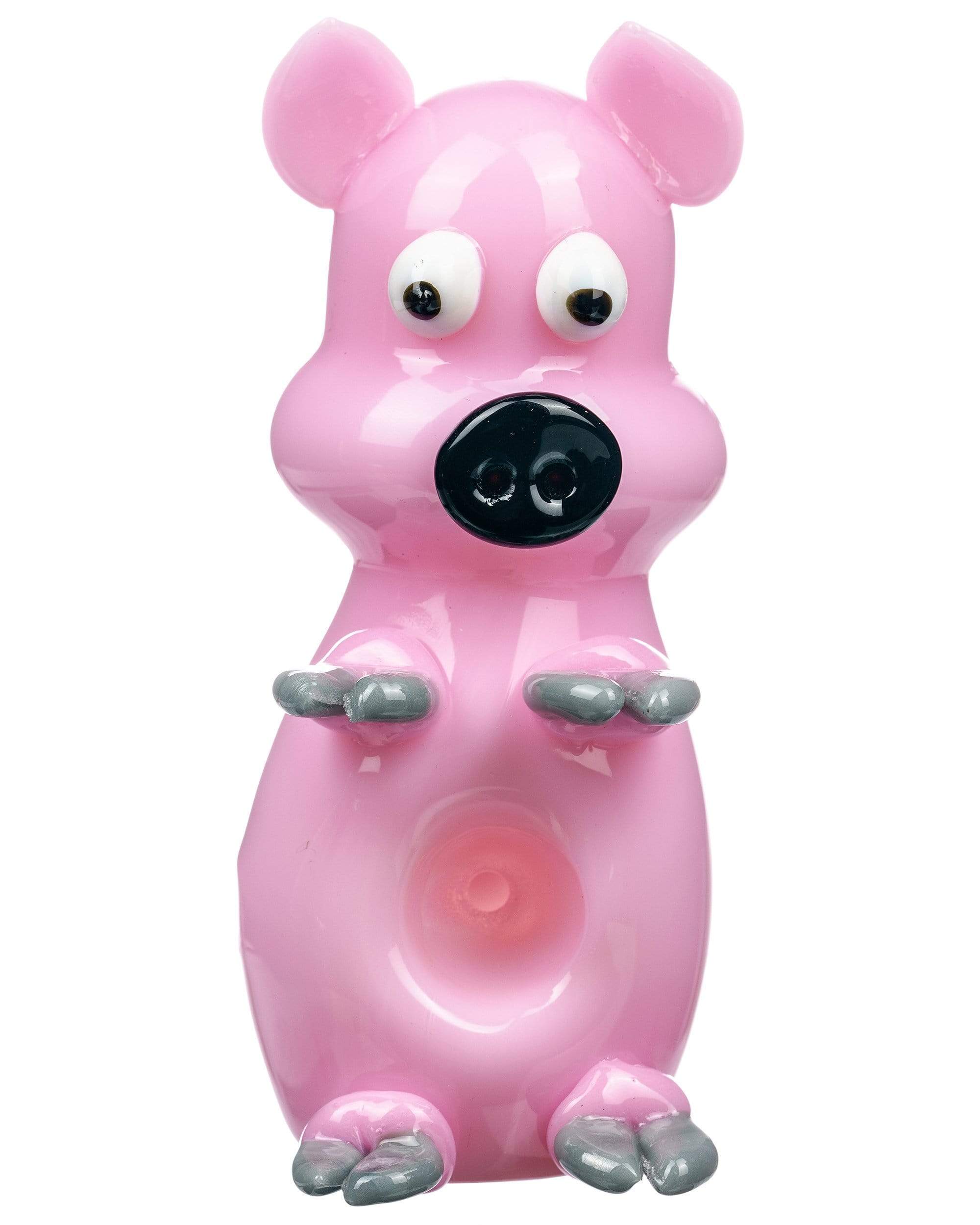 Front view of the Little Piggy Hand Pipe, a sculpted ceramic pipe in the shape of a pink pig. Front view of the Little Piggy Hand Pipe, a sculpted ceramic pipe in the shape of a pink pig.