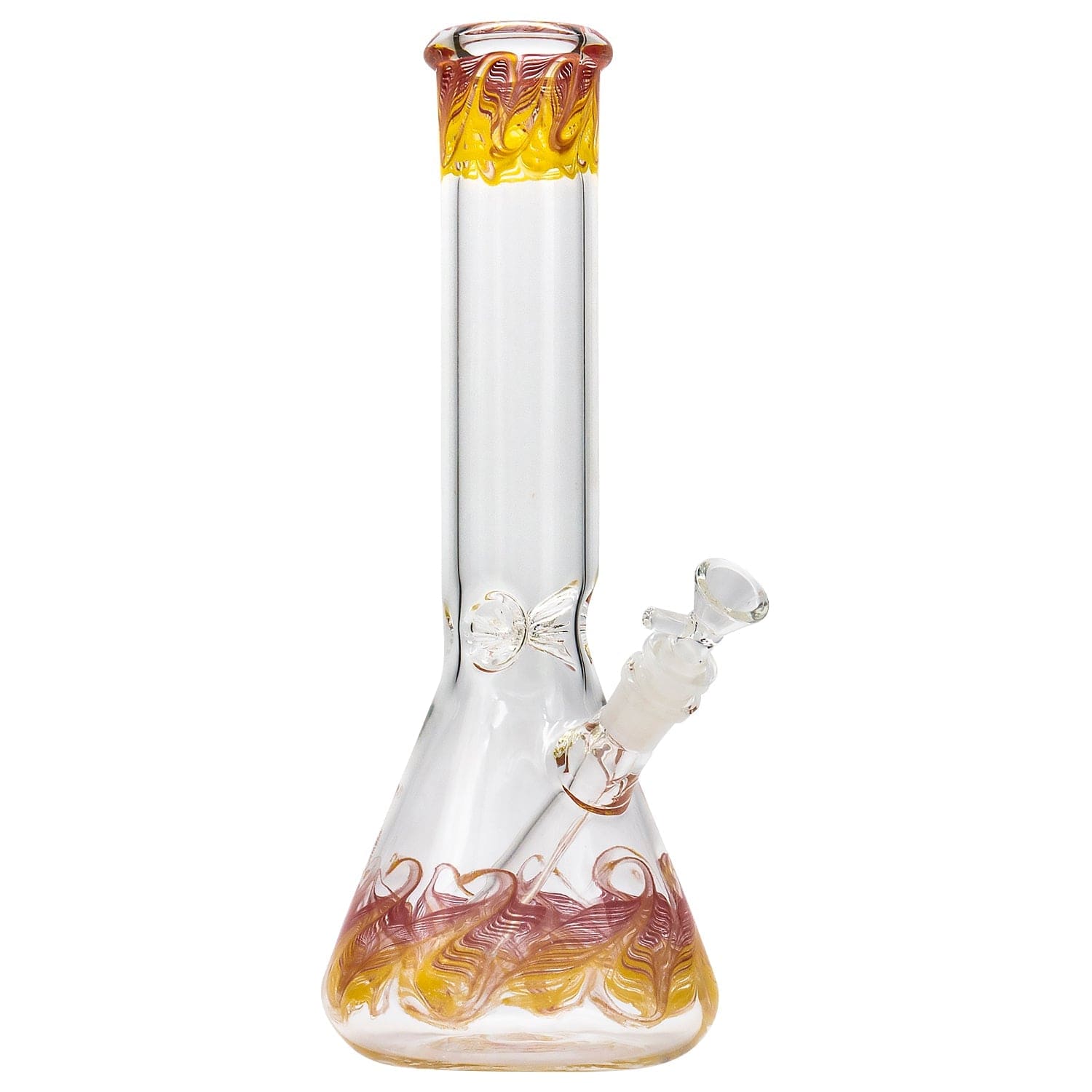 Front view of the “Phoenix Rising” Color Wrapped Beaker Bong, featuring a clear glass body with vibrant color accents. Front view of the “Phoenix Rising” Color Wrapped Beaker Bong, featuring a clear glass body with vibrant color accents.