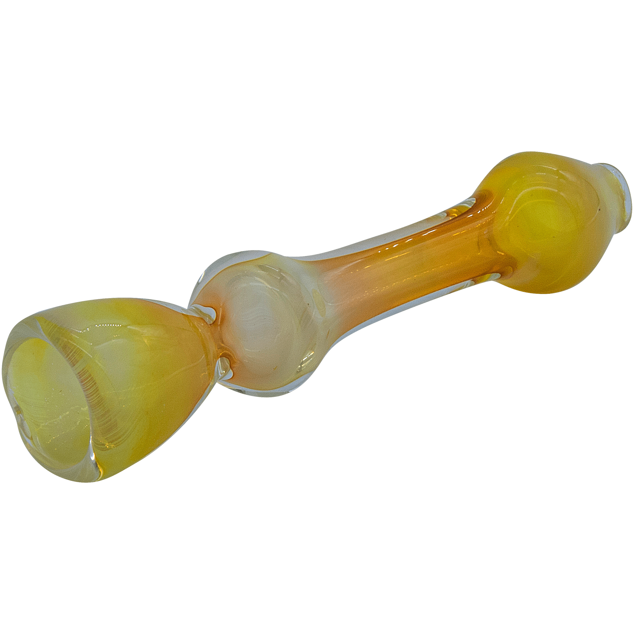 A close-up, angled view of The "Chill Fumes" Silver Fumed Chillum, showing the glass one-hitter with a silver fume finish. A close-up, angled view of The "Chill Fumes" Silver Fumed Chillum, showing the glass one-hitter with a silver fume finish.