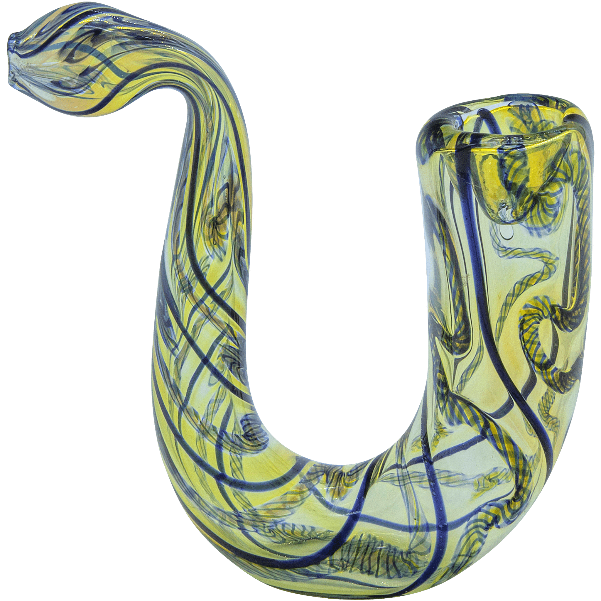 A side view of “The Gentleman’s Sherlock” Sherlock Pipe, showcasing its curved, glass design with subtle color accents. A side view of “The Gentleman’s Sherlock” Sherlock Pipe, showcasing its curved, glass design with subtle color accents.