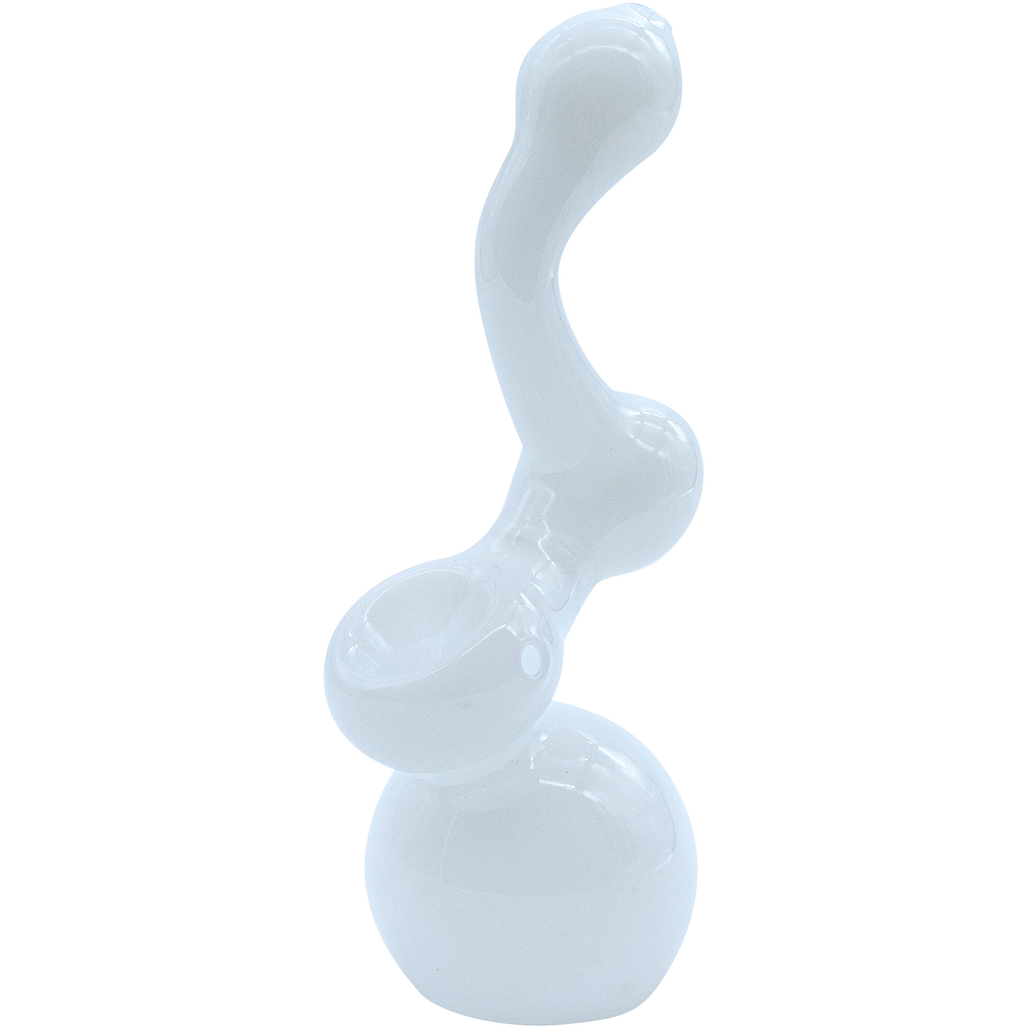 A three-quarter view of the “Ivory Sherlock” Glass Sherlock Bubbler Pipe, showcasing its curved design and clear glass construction. A three-quarter view of the “Ivory Sherlock” Glass Sherlock Bubbler Pipe, showcasing its curved design and clear glass construction.