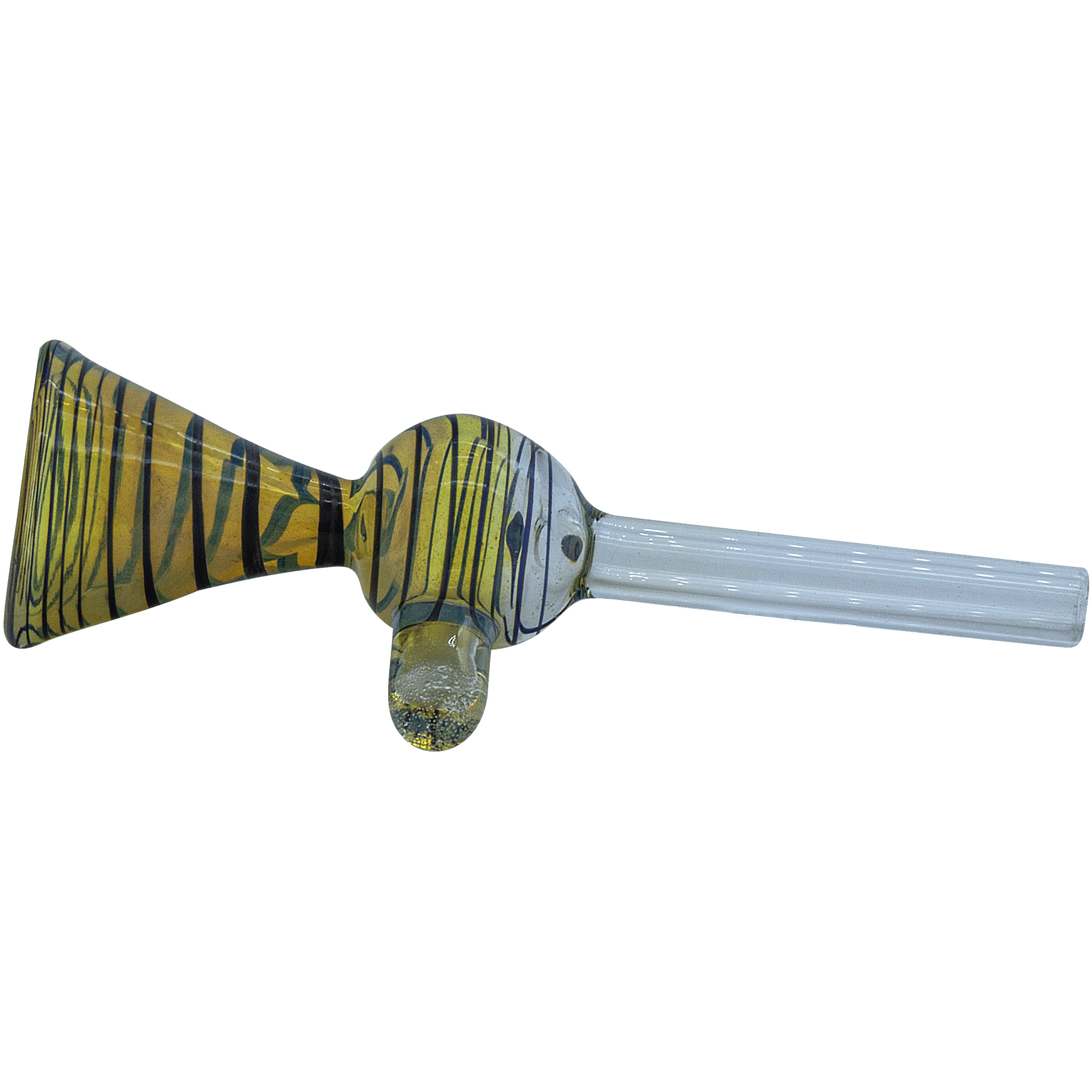 A close-up, angled view of “The Loud Speaker” Pull-Stem Slide Bowl, featuring a colorful, patterned glass construction. A close-up, angled view of “The Loud Speaker” Pull-Stem Slide Bowl, featuring a colorful, patterned glass construction.