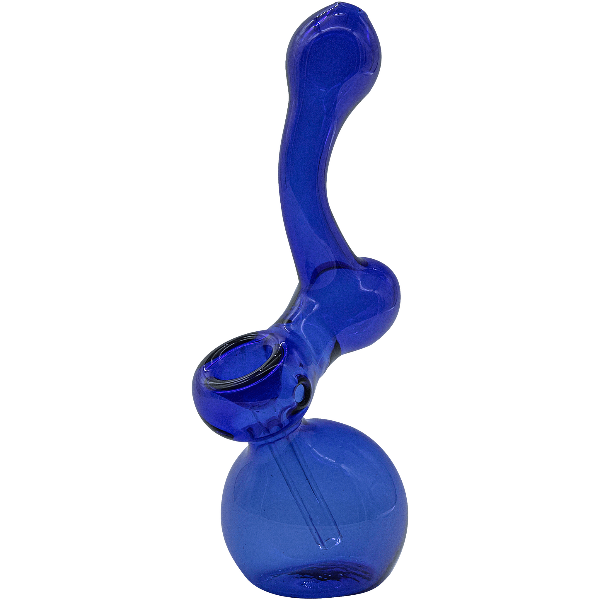 A front view of the “Sherbub” Glass Sherlock Bubbler Pipe, showcasing its curved glass form against a plain white background. A front view of the “Sherbub” Glass Sherlock Bubbler Pipe, showcasing its curved glass form against a plain white background.