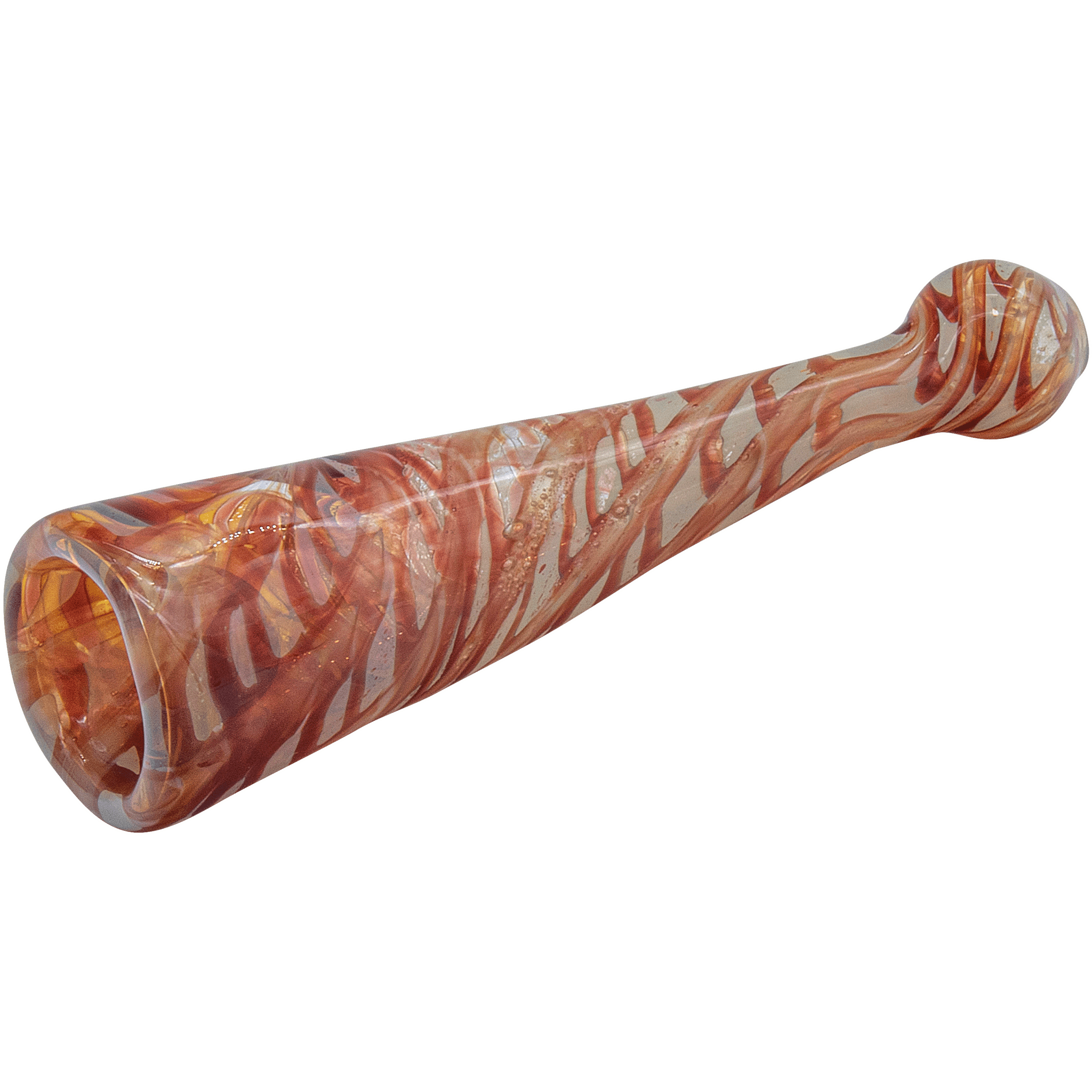 A close-up shows the “Typhoon” Colored Chillum with a marbled, reddish-brown glass design against a plain white background. A close-up shows the “Typhoon” Colored Chillum with a marbled, reddish-brown glass design against a plain white background.