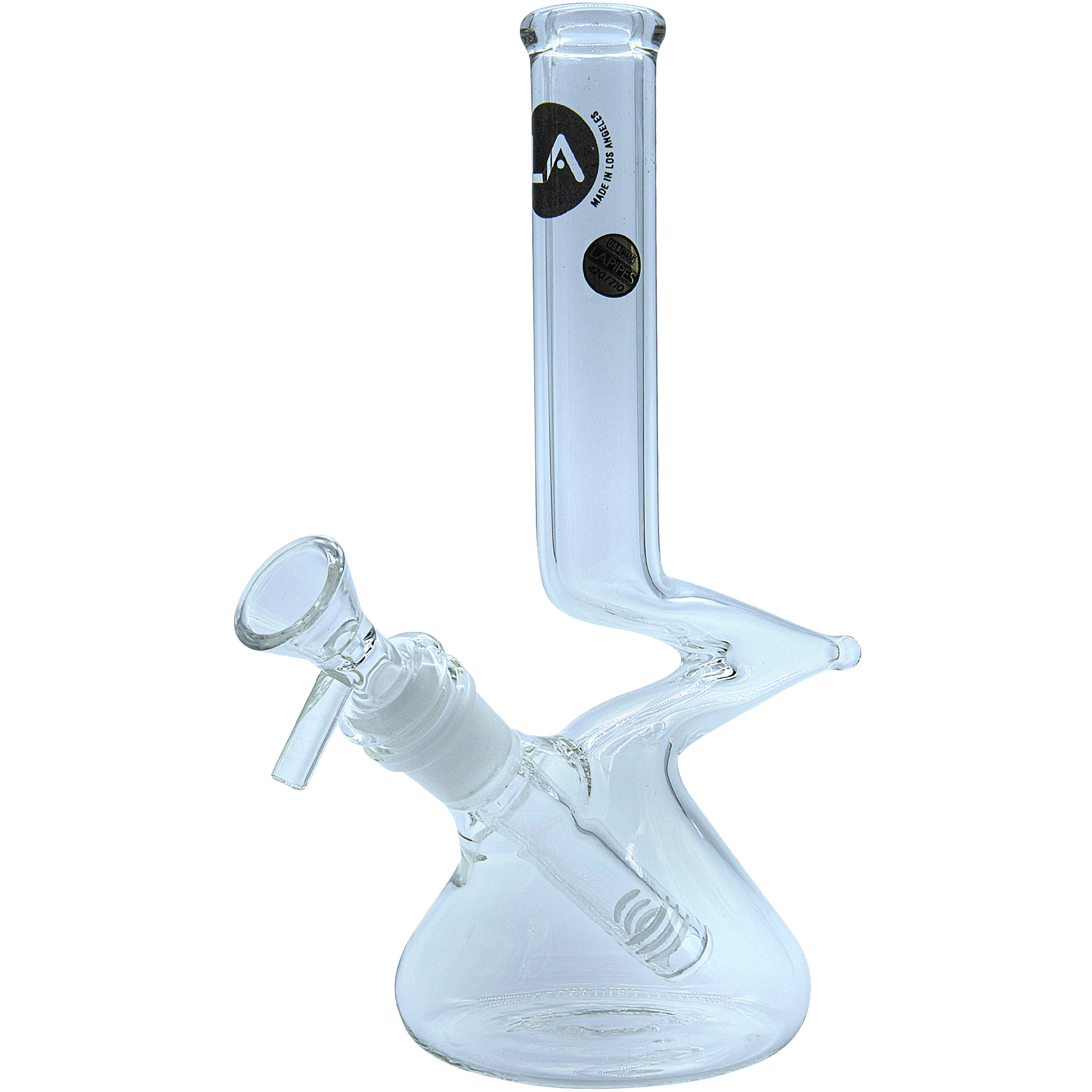A three-quarter view of “The Zag” Beaker Zong Style Bong, showcasing its clear glass construction and classic beaker shape. A three-quarter view of “The Zag” Beaker Zong Style Bong, showcasing its clear glass construction and classic beaker shape.