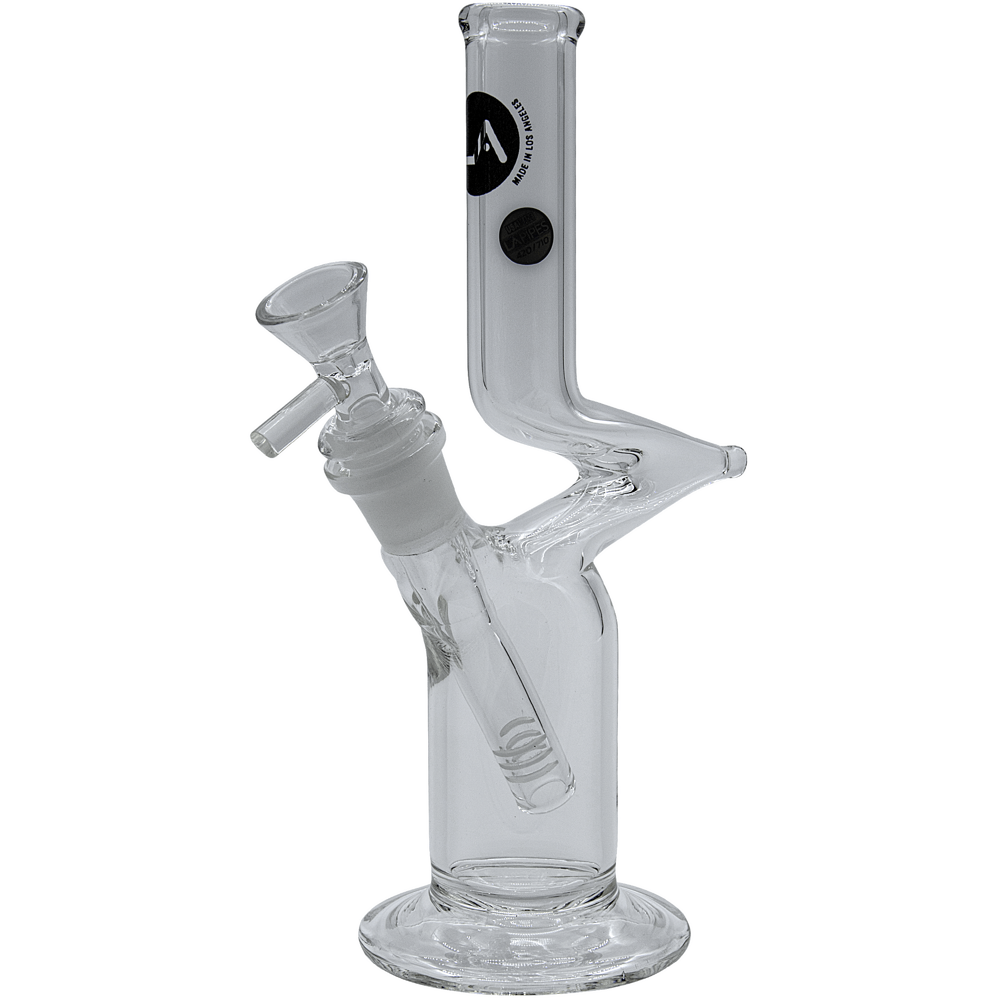 A straight-on view of “The Zig” Straight Zong Style Bong, made of clear glass, with a simple, minimalist design. A straight-on view of “The Zig” Straight Zong Style Bong, made of clear glass, with a simple, minimalist design.