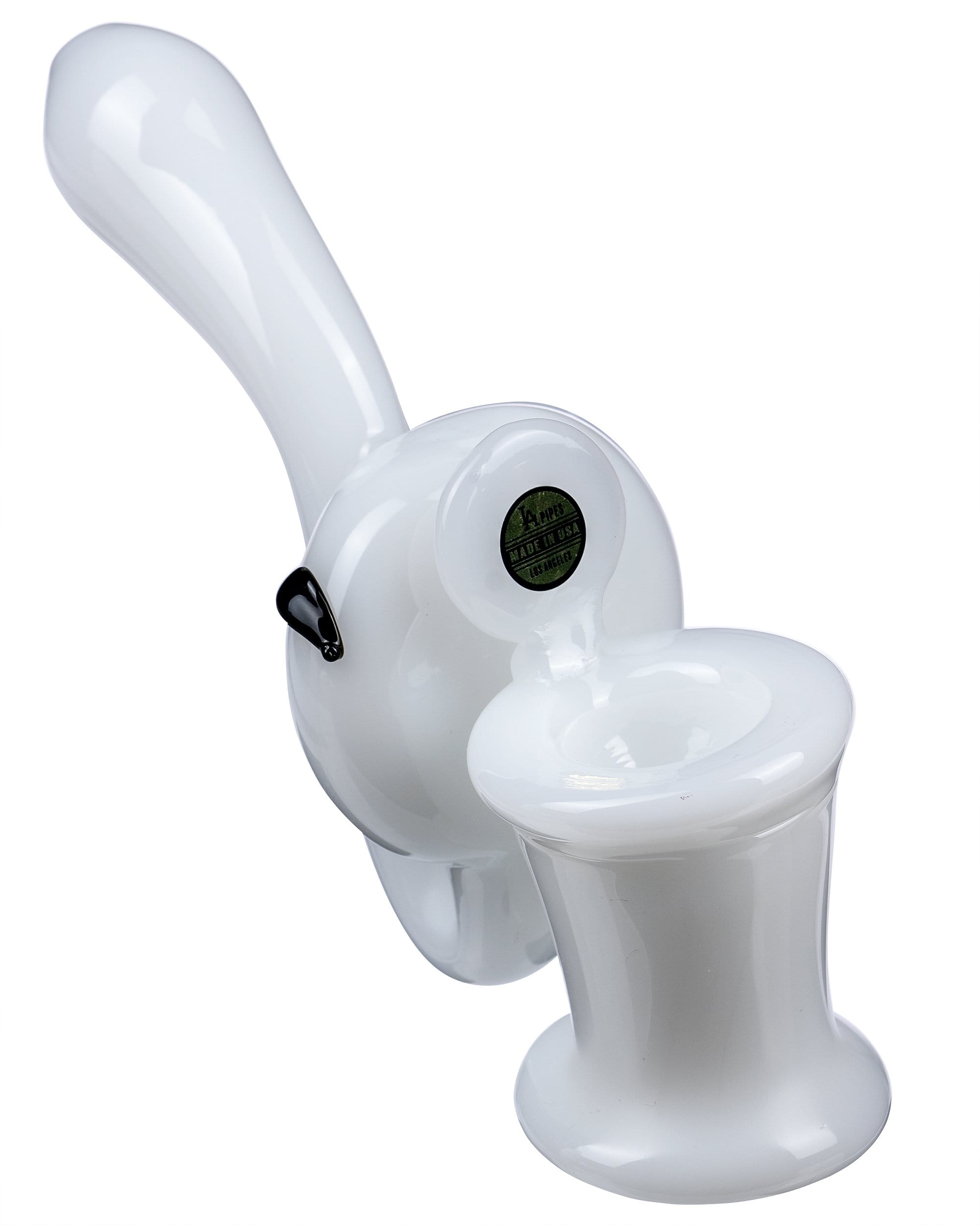 The Toilet Bowl Glass Sherlock Pipe is displayed as a white, sculptural piece against a plain background. The Toilet Bowl Glass Sherlock Pipe is displayed as a white, sculptural piece against a plain background.