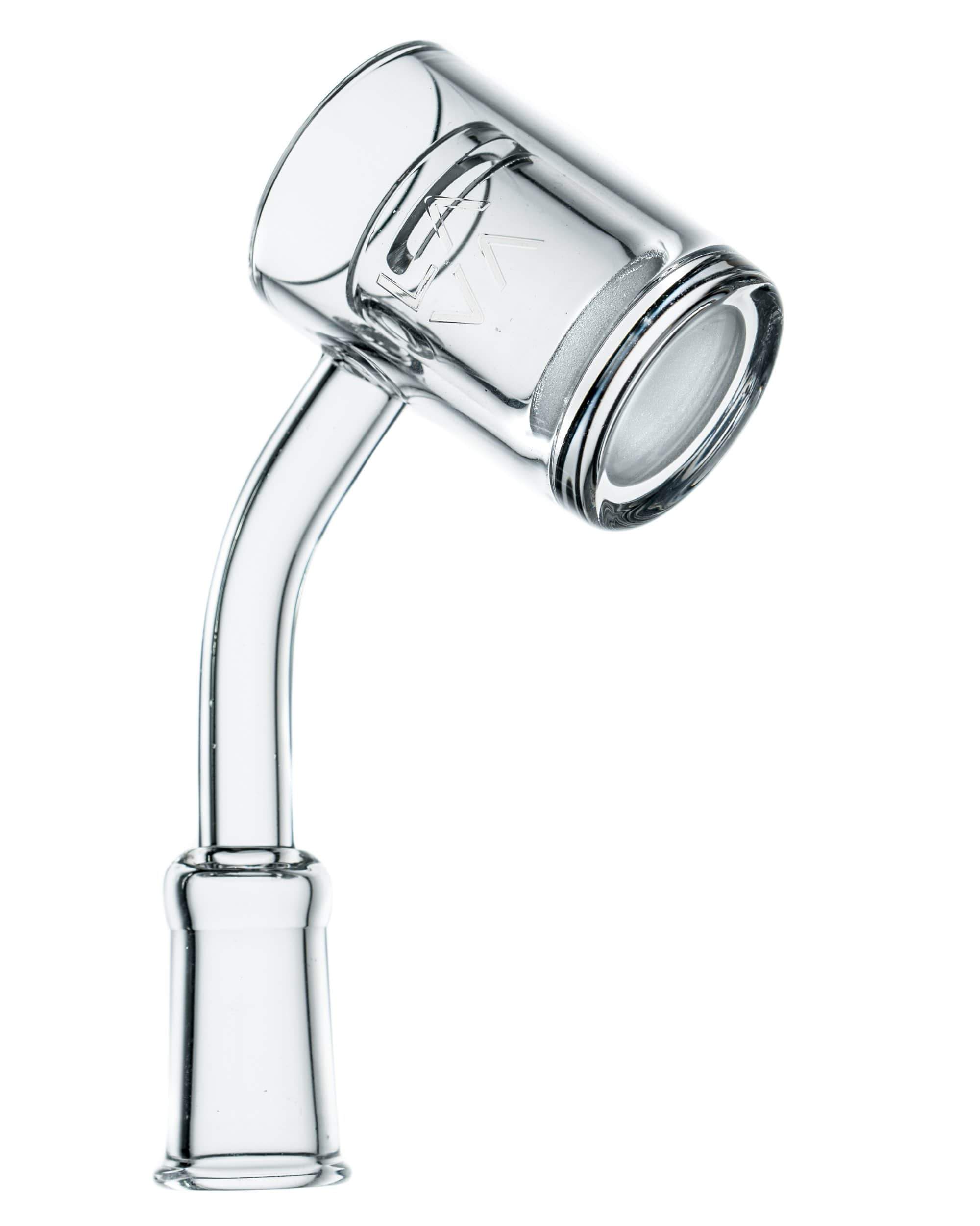 A close-up, angled view of the Polished Banger Nail with Opaque Cup Insert, showing its reflective surface and small cup. A close-up, angled view of the Polished Banger Nail with Opaque Cup Insert, showing its reflective surface and small cup.