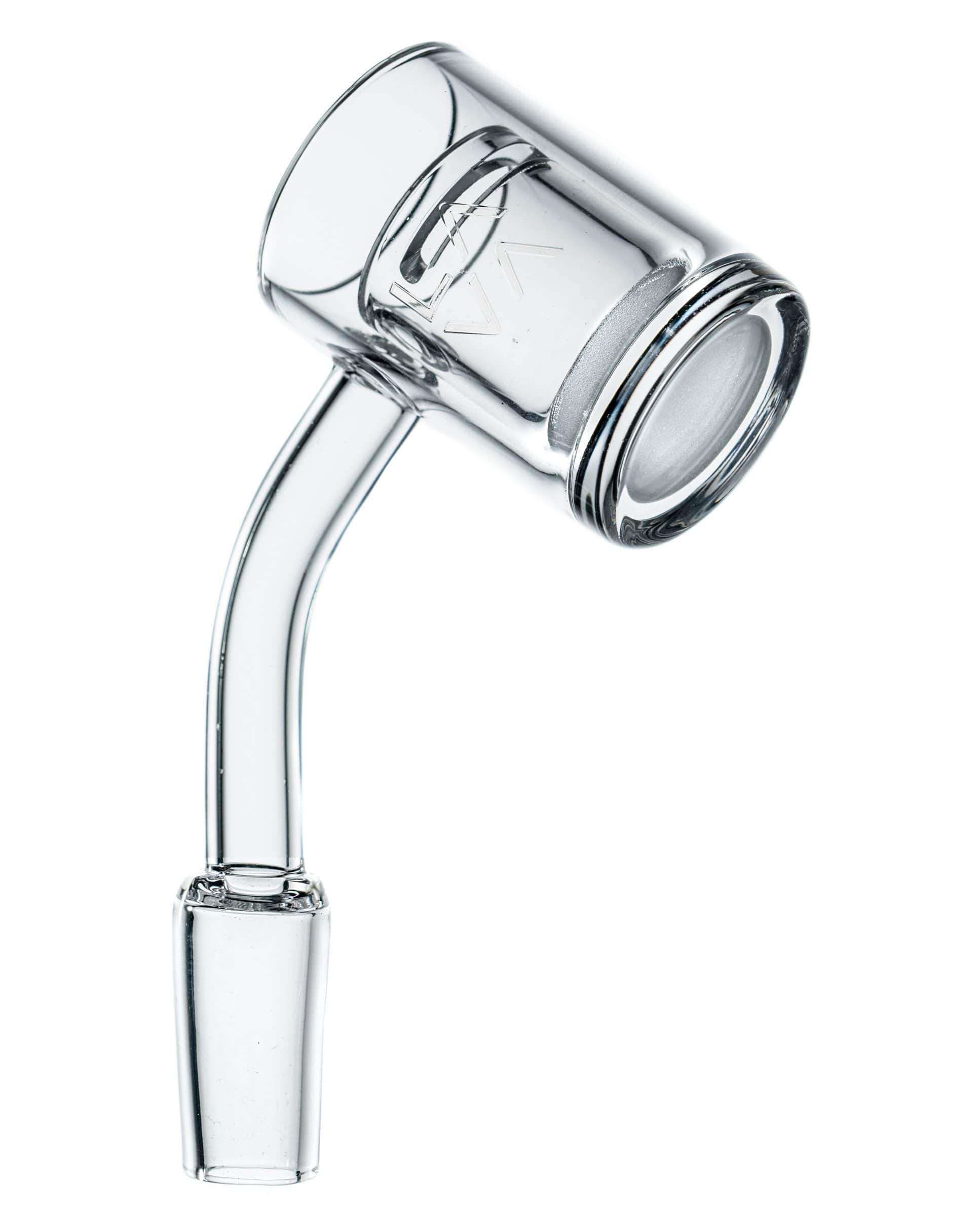 A close-up view of the Polished Banger Nail with Opaque Cup Insert, showcasing its clear glass construction and cup-shaped interior. A close-up view of the Polished Banger Nail with Opaque Cup Insert, showcasing its clear glass construction and cup-shaped interior.