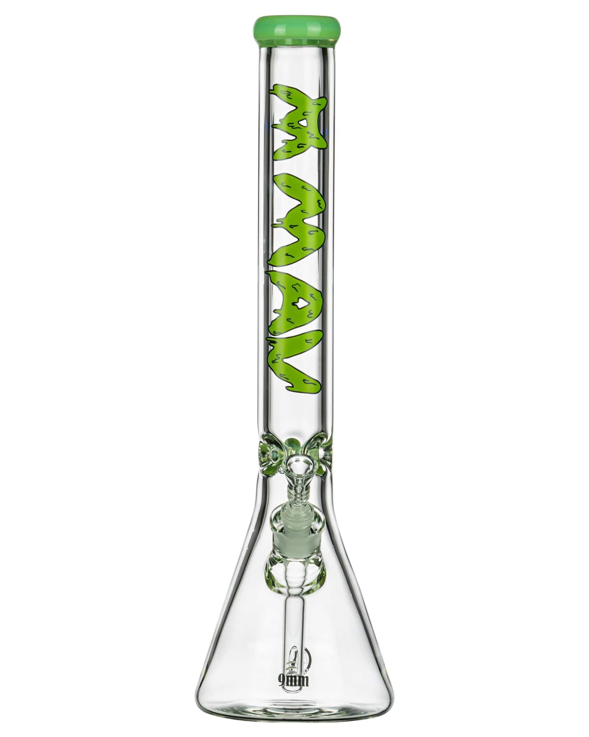 Front view of the 18" 9mm Special Decal Beaker Bong, showcasing a clear glass beaker with a colorful decal pattern. Front view of the 18" 9mm Special Decal Beaker Bong, showcasing a clear glass beaker with a colorful decal pattern.