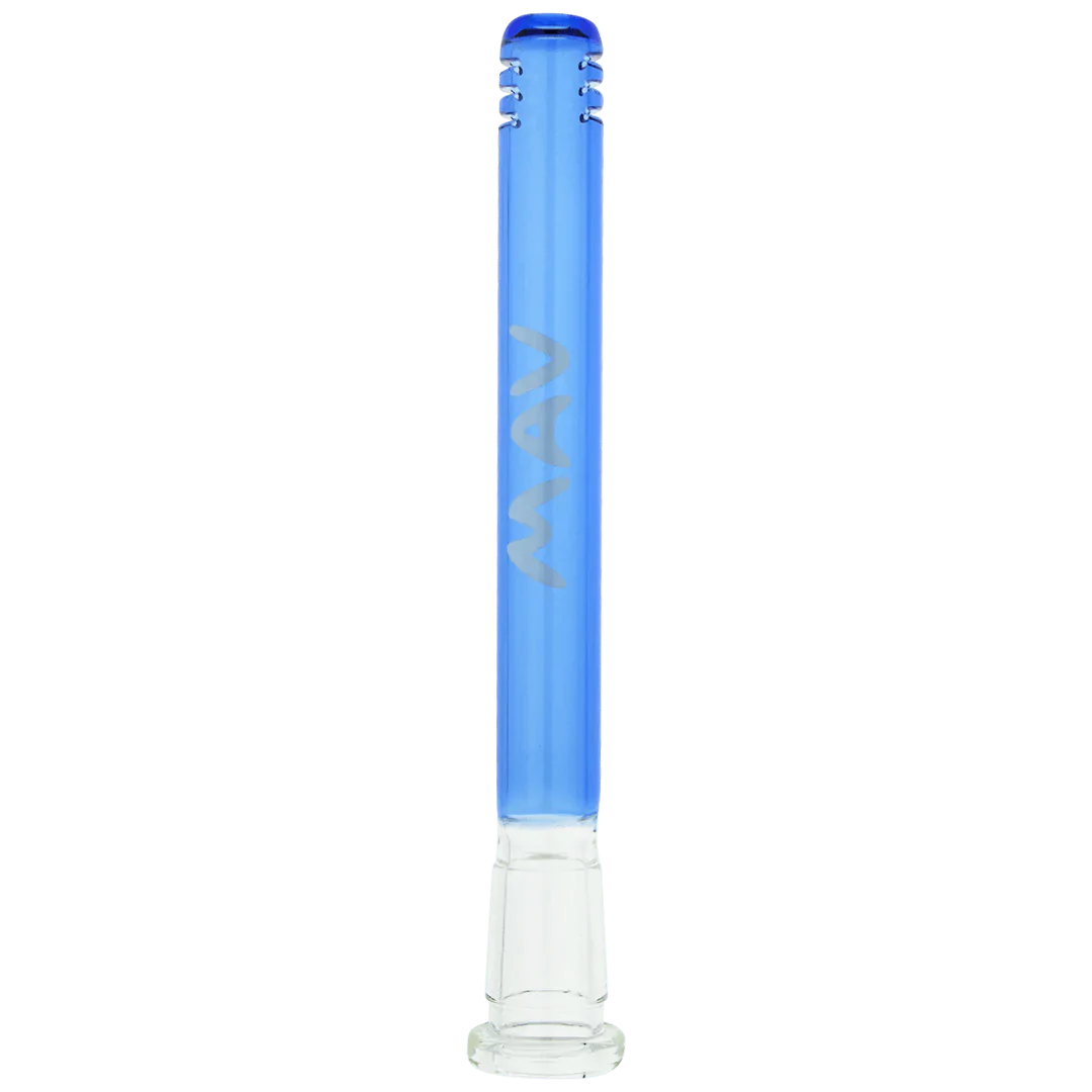 Front view of the 5" Color Downstem 18mm to 14mm OG, a blue glass piece with a simple cylindrical shape. Front view of the 5" Color Downstem 18mm to 14mm OG, a blue glass piece with a simple cylindrical shape.