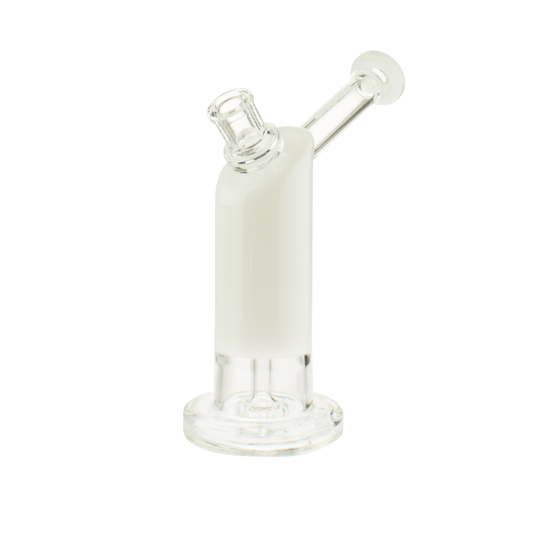 Front view of the Bent Neck Showerhead Bubbler, a clear glass bubbler with a gently curved neck. Front view of the Bent Neck Showerhead Bubbler, a clear glass bubbler with a gently curved neck.
