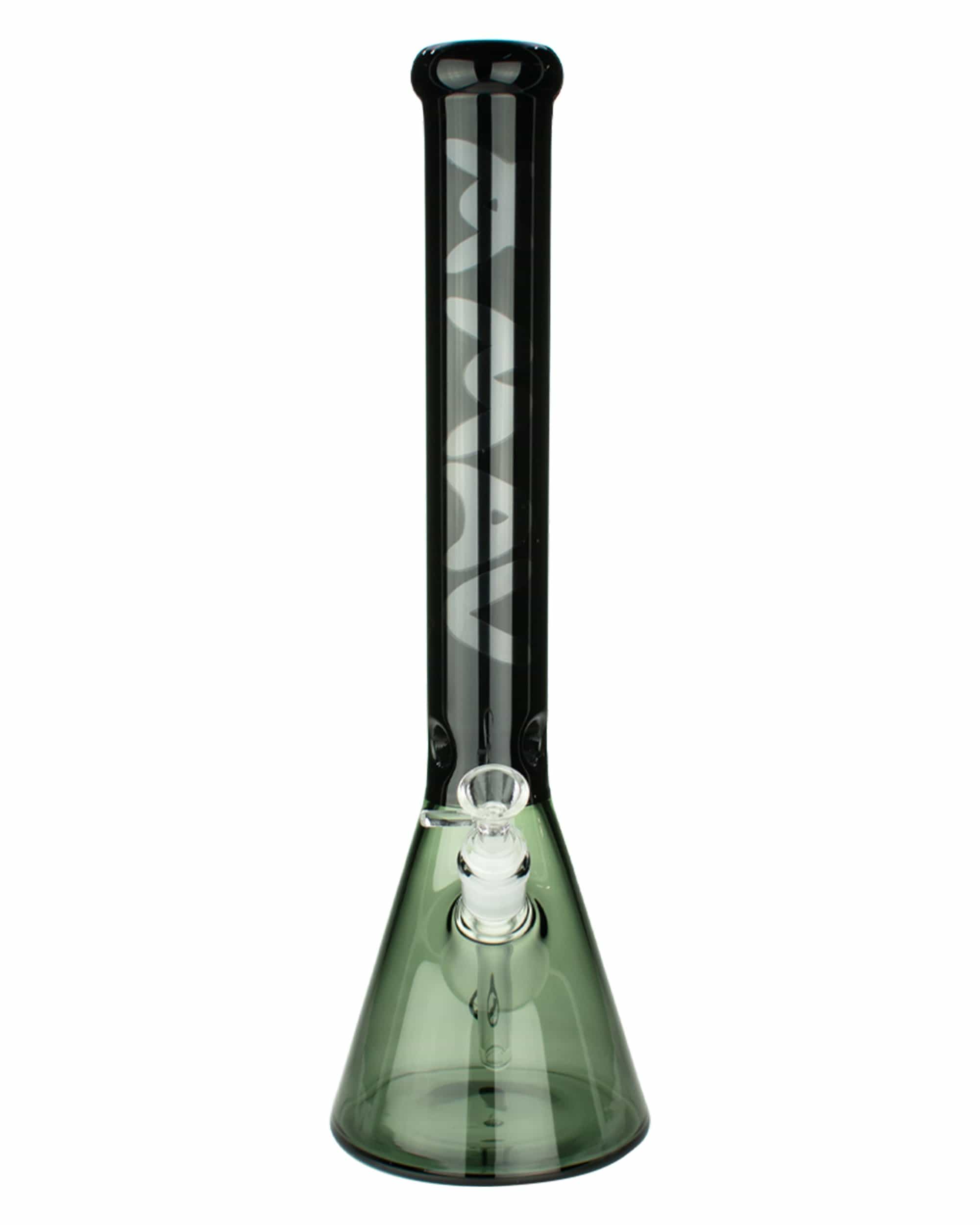 A front view of the Color Float Sleeve Beaker Bong, showcasing a green glass beaker with a clear sleeve detail. A front view of the Color Float Sleeve Beaker Bong, showcasing a green glass beaker with a clear sleeve detail.