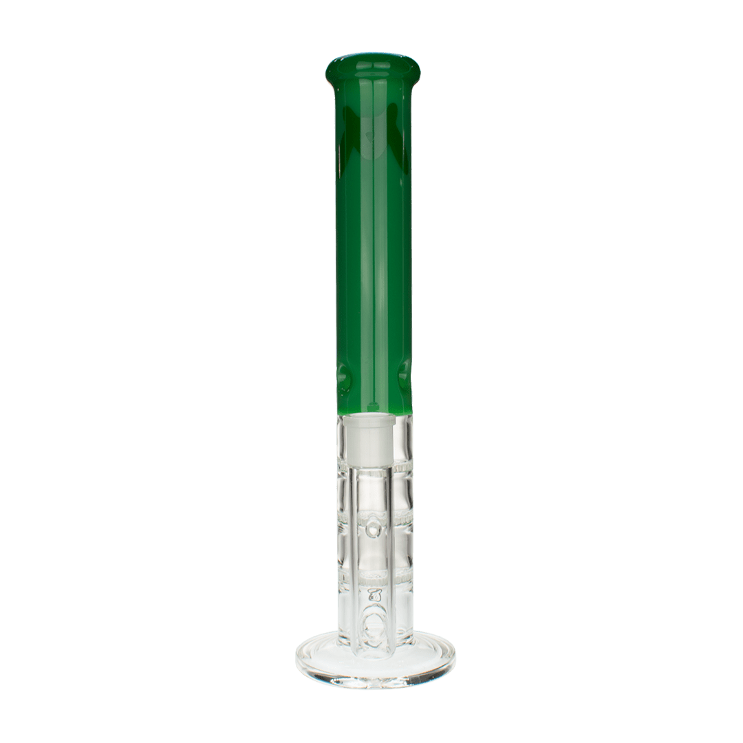 Front view of the Full Color Triple Honeycomb Perc Straight Tube, showcasing its green glass and simple cylindrical form. Front view of the Full Color Triple Honeycomb Perc Straight Tube, showcasing its green glass and simple cylindrical form.