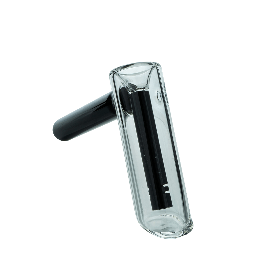 A side view of the Hammer Bubbler, showing the clear glass construction and simple, cylindrical shape. A side view of the Hammer Bubbler, showing the clear glass construction and simple, cylindrical shape.
