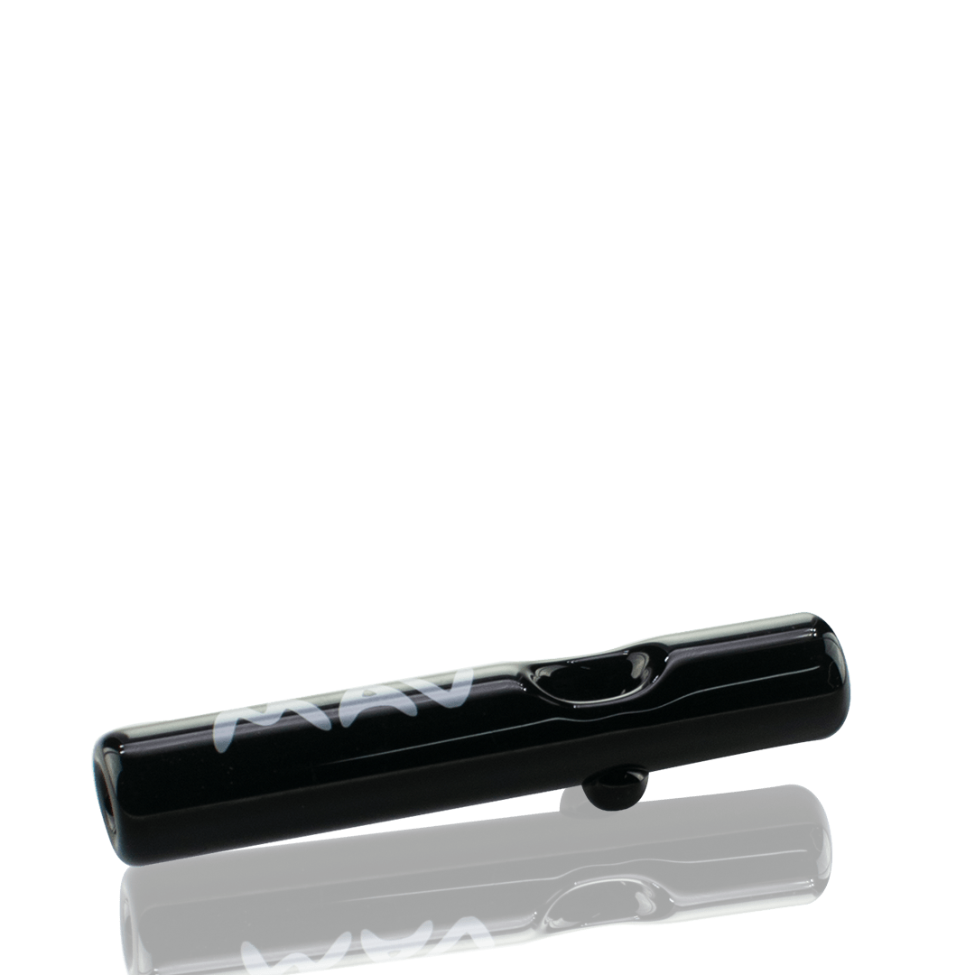 A side view of the Pocket Steamroller showing its sleek, dark glass design reflected on a shiny surface. A side view of the Pocket Steamroller showing its sleek, dark glass design reflected on a shiny surface.