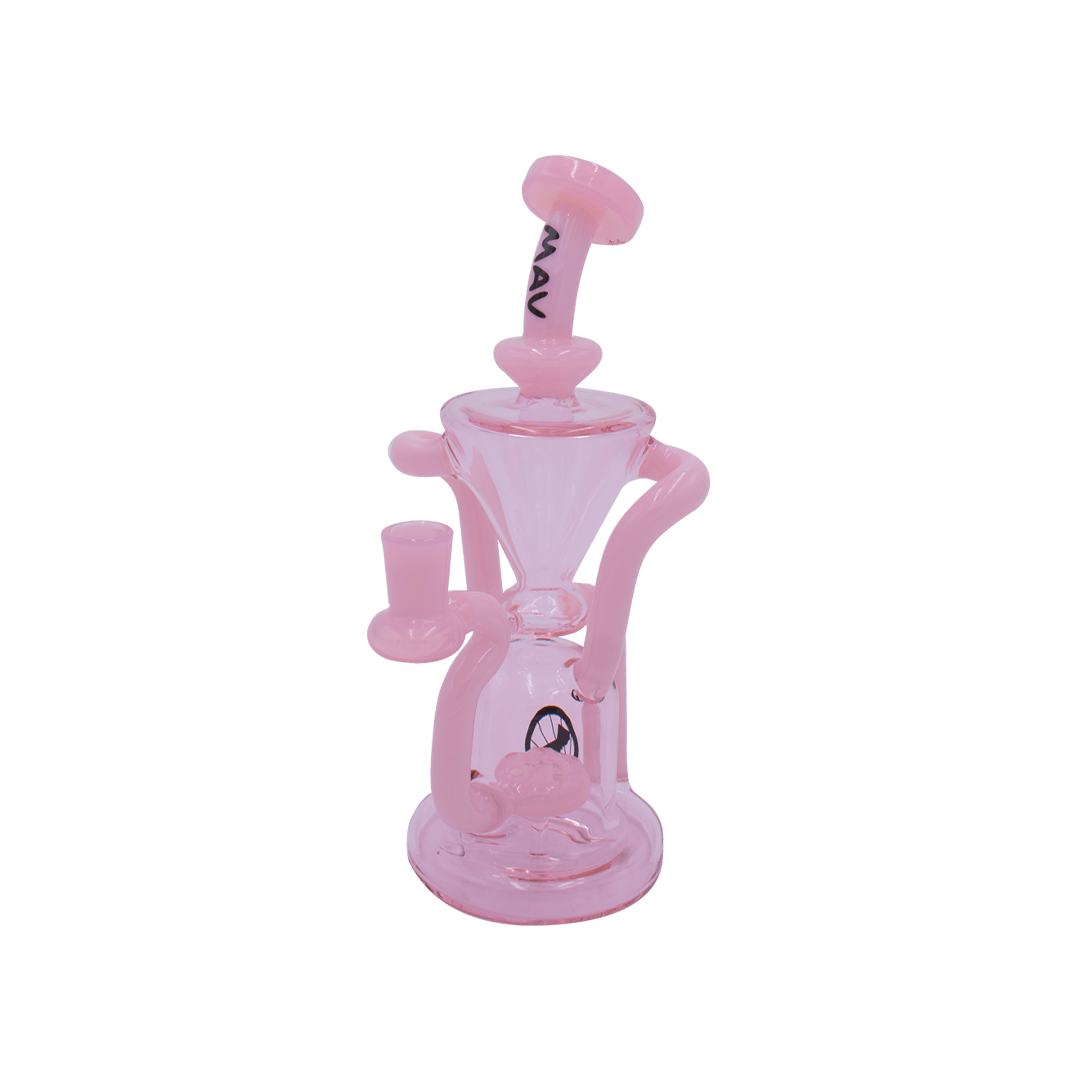 Front view of The Humboldt Recycler, a pink glass water pipe with a rounded base and multiple chambers. Front view of The Humboldt Recycler, a pink glass water pipe with a rounded base and multiple chambers.