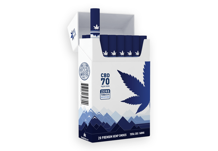 A close-up, angled view of CBD Hemp Smokes packaging with a QR code and bold typography against a blue and white backdrop. A close-up, angled view of CBD Hemp Smokes packaging with a QR code and bold typography against a blue and white backdrop.