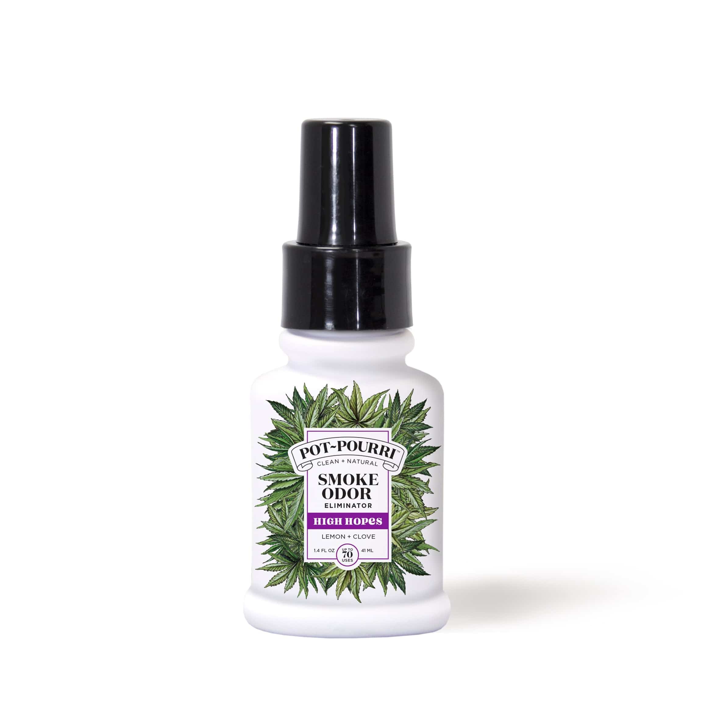 Front view of the Pot~Pourri Smoke Odor Eliminator in a white spray bottle against a plain white background. Front view of the Pot~Pourri Smoke Odor Eliminator in a white spray bottle against a plain white background.