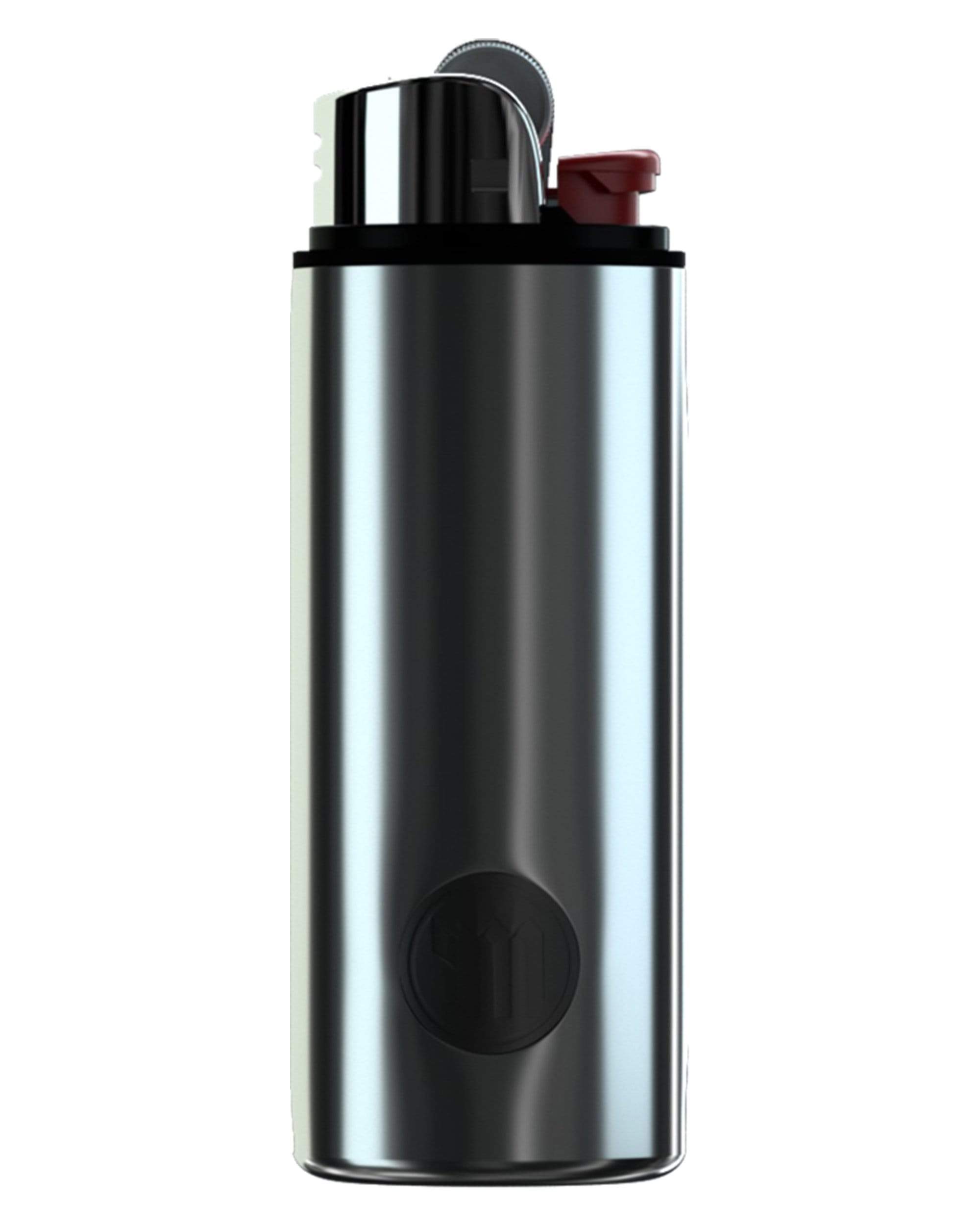 A front view of the Magnetic Lighter Case, a sleek, silver metal case with a textured grip. A front view of the Magnetic Lighter Case, a sleek, silver metal case with a textured grip.