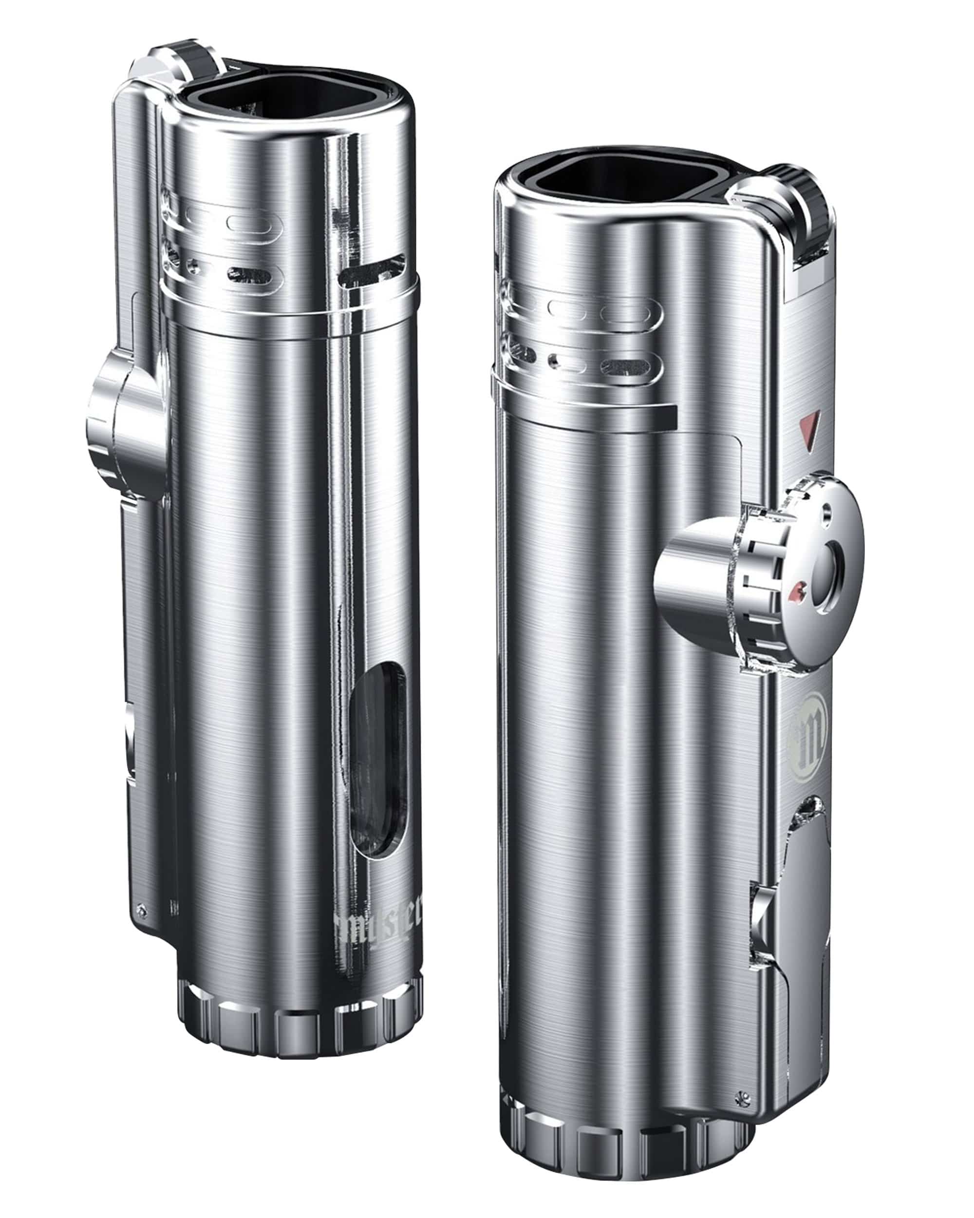 A detailed, angled view of the SABR Torch Lighter showcasing its sleek, silver metal construction and textured grip. A detailed, angled view of the SABR Torch Lighter showcasing its sleek, silver metal construction and textured grip.