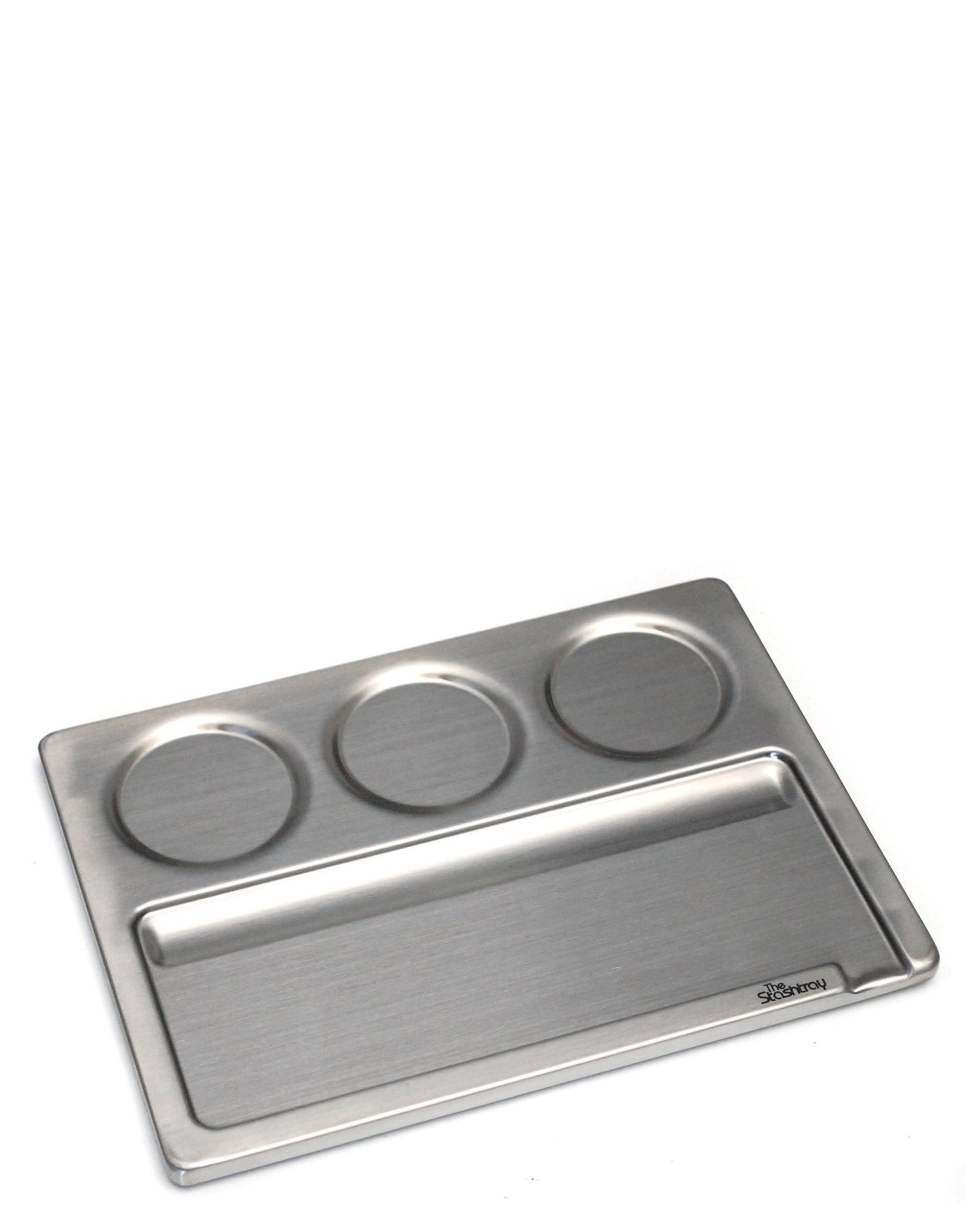 Overhead view of the Stand Alone Rolling Tray, featuring three circular indentations on a silver metal surface. Overhead view of the Stand Alone Rolling Tray, featuring three circular indentations on a silver metal surface.