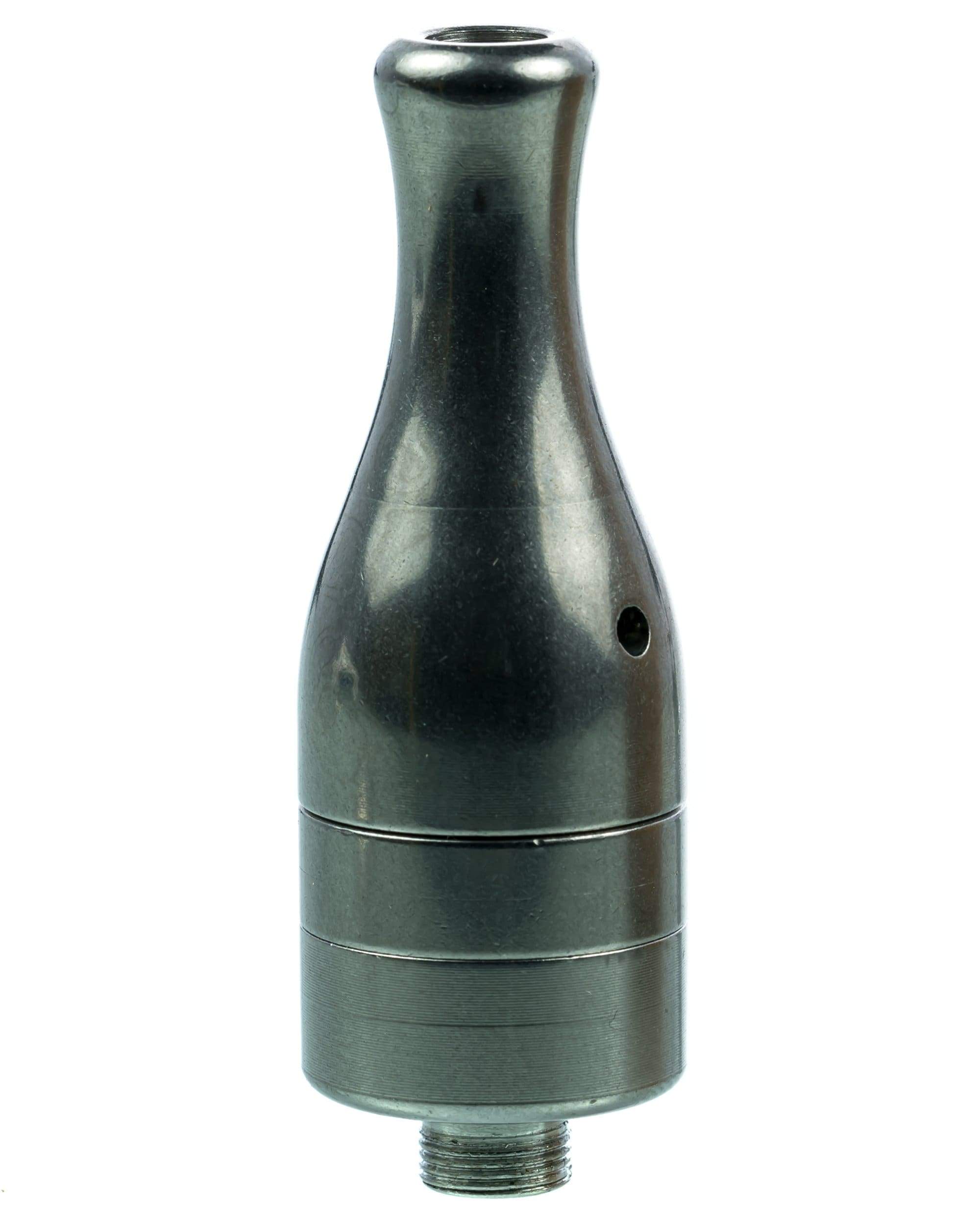 Front view of the Z3 Atomizer, a metallic silver device with a cylindrical shape and a threaded bottom connection. Front view of the Z3 Atomizer, a metallic silver device with a cylindrical shape and a threaded bottom connection.