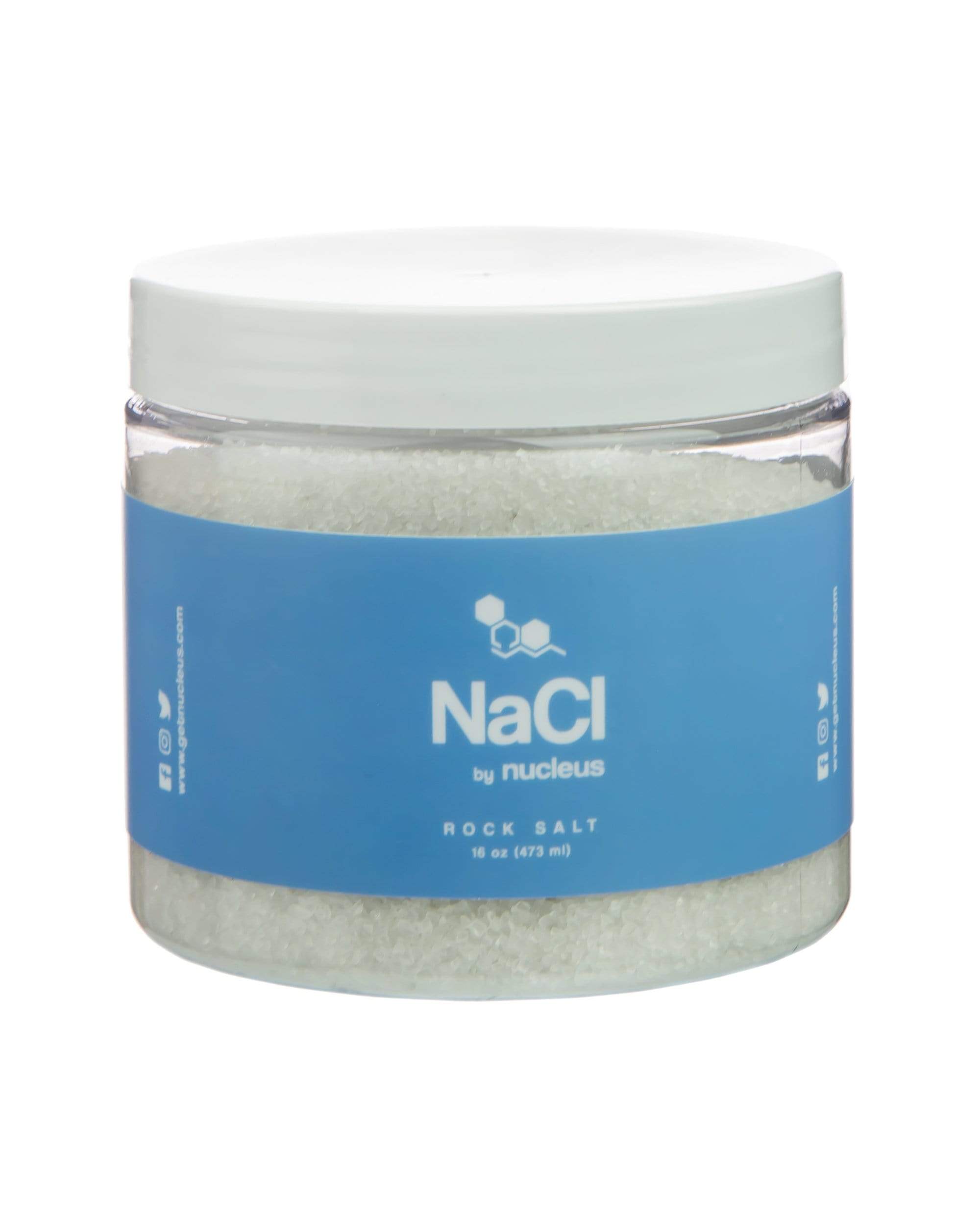 Front view of the “NaCl” Rock Salt in a clear container, showing the coarse, white crystals inside. Front view of the “NaCl” Rock Salt in a clear container, showing the coarse, white crystals inside.