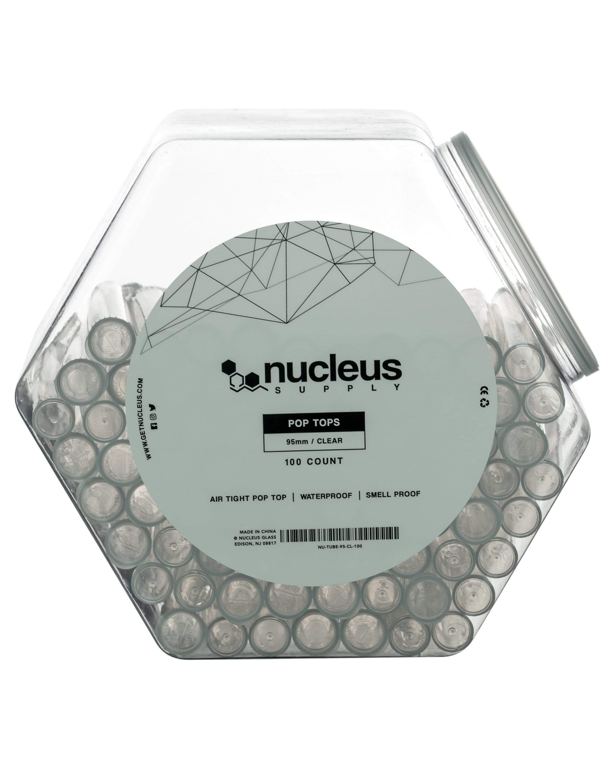A close-up, angled view of the Nucleus - 100ct Pop Tube Display, showcasing clear plastic tubes neatly arranged within a branded cardboard box. A close-up, angled view of the Nucleus - 100ct Pop Tube Display, showcasing clear plastic tubes neatly arranged within a branded cardboard box.