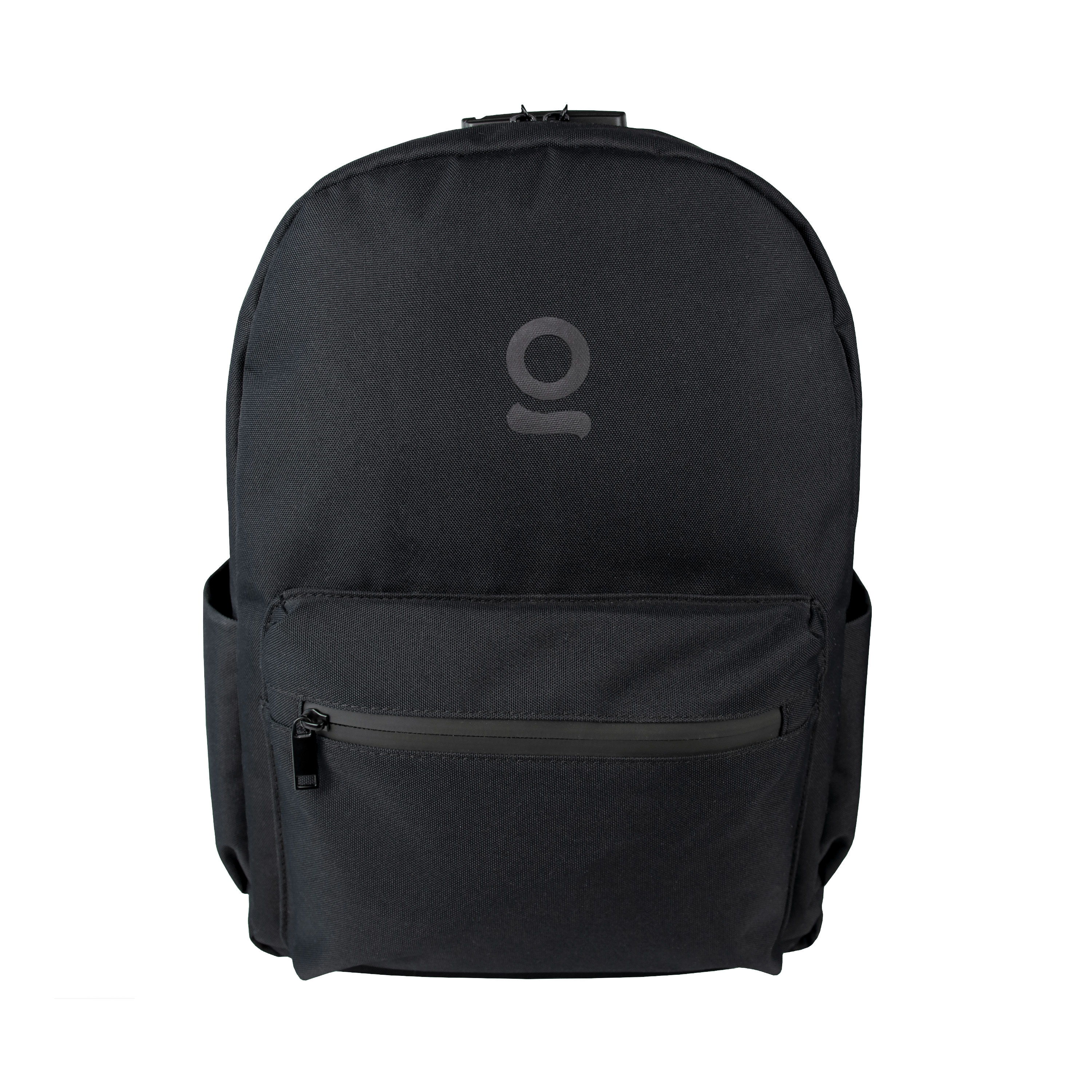 Front view of the Carbon-lined Backpack, a black, minimalist bag centered against a plain white background. Front view of the Carbon-lined Backpack, a black, minimalist bag centered against a plain white background.