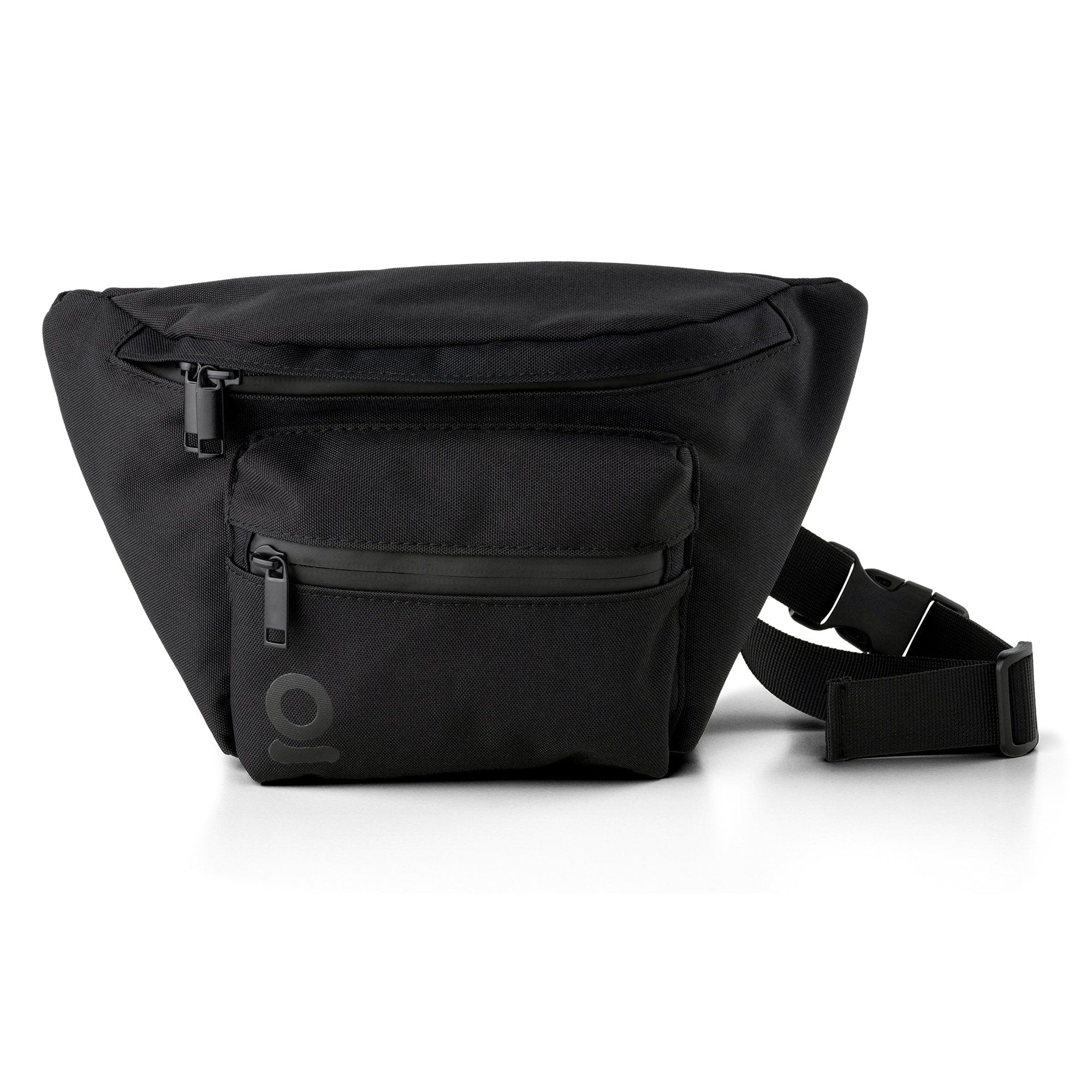 Side view of the Carbon-lined Fanny Pack Travel Pouch, showing its dark gray fabric and adjustable strap against a white background. Side view of the Carbon-lined Fanny Pack Travel Pouch, showing its dark gray fabric and adjustable strap against a white background.