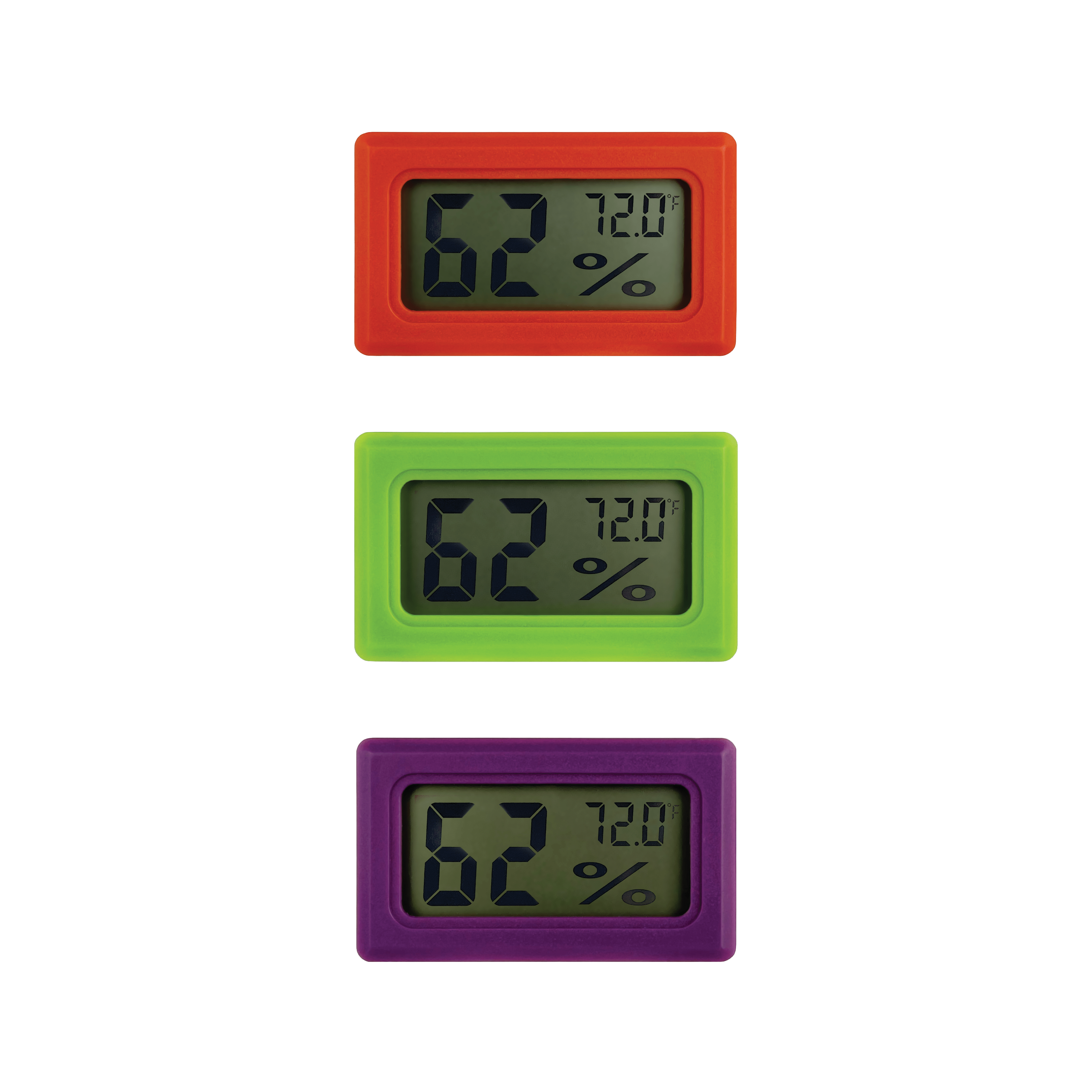 Front view of the Digital Hygrometer 6-Pack, displaying a clear digital readout on a white background. Front view of the Digital Hygrometer 6-Pack, displaying a clear digital readout on a white background.